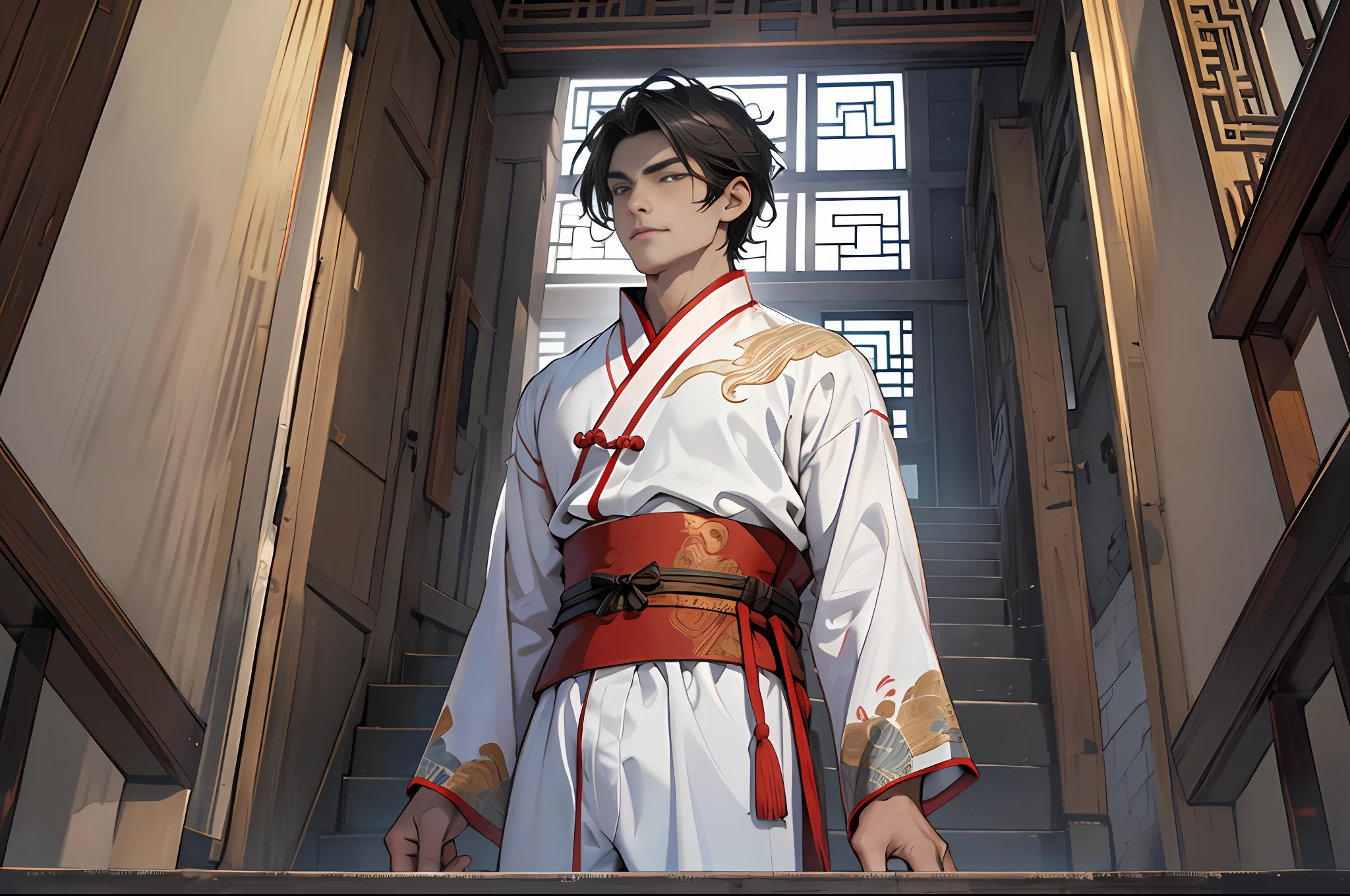 Best Quality, Masterpiece, High Resolution, 1boy, Ancient China, 18 years old, short black hair, clear face, no stubble, white pajamas, standing, confidence, stairs 4k, 8k. Chinese ancient style. (High Detail Skin: 1.2), 8K UHD, DSLR, Soft Light, High Quality, Volumetric Light, Voyeur, Photo, High Resolution, 4K, 8K.