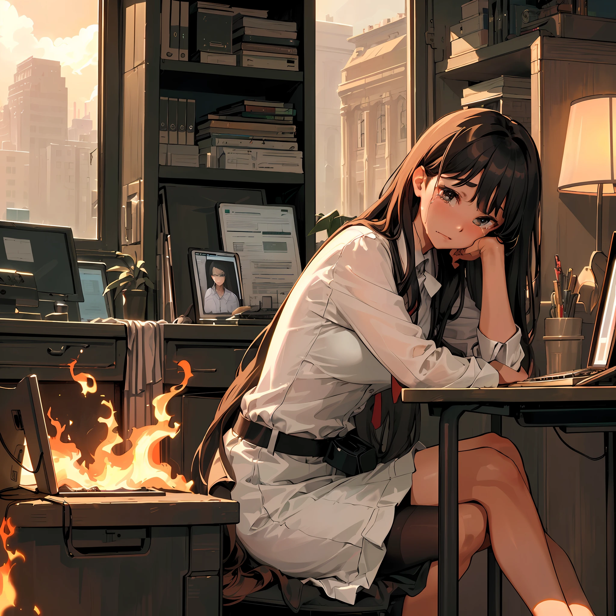 Masterpiece, best quality, super detailed, highly detailed, incredible detail, cinematic lighting,
(solo, 1 girl: 1.2), indoor, (office, desk, sitting, office lady: 1.4), long hair, (computer: 1.2), crying, shut up,
(burning, fire, fire: 1.8),