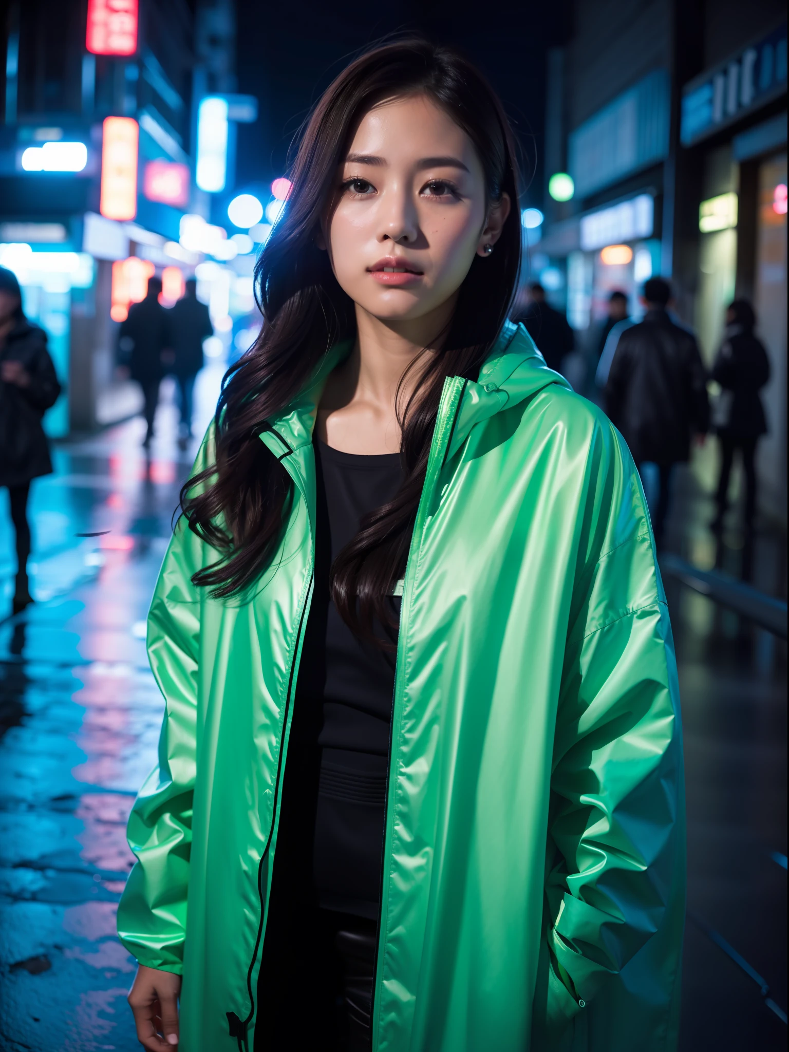 Best quality, masterpiece, ultra high res, (photorealistic:1.4), raw photo, 1girl, in the dark, deep shadow, low key, cold light, closeup, on the streets of Japan, night time , Japan streets , neon lighting background, wearing an aqua coloured raincoat