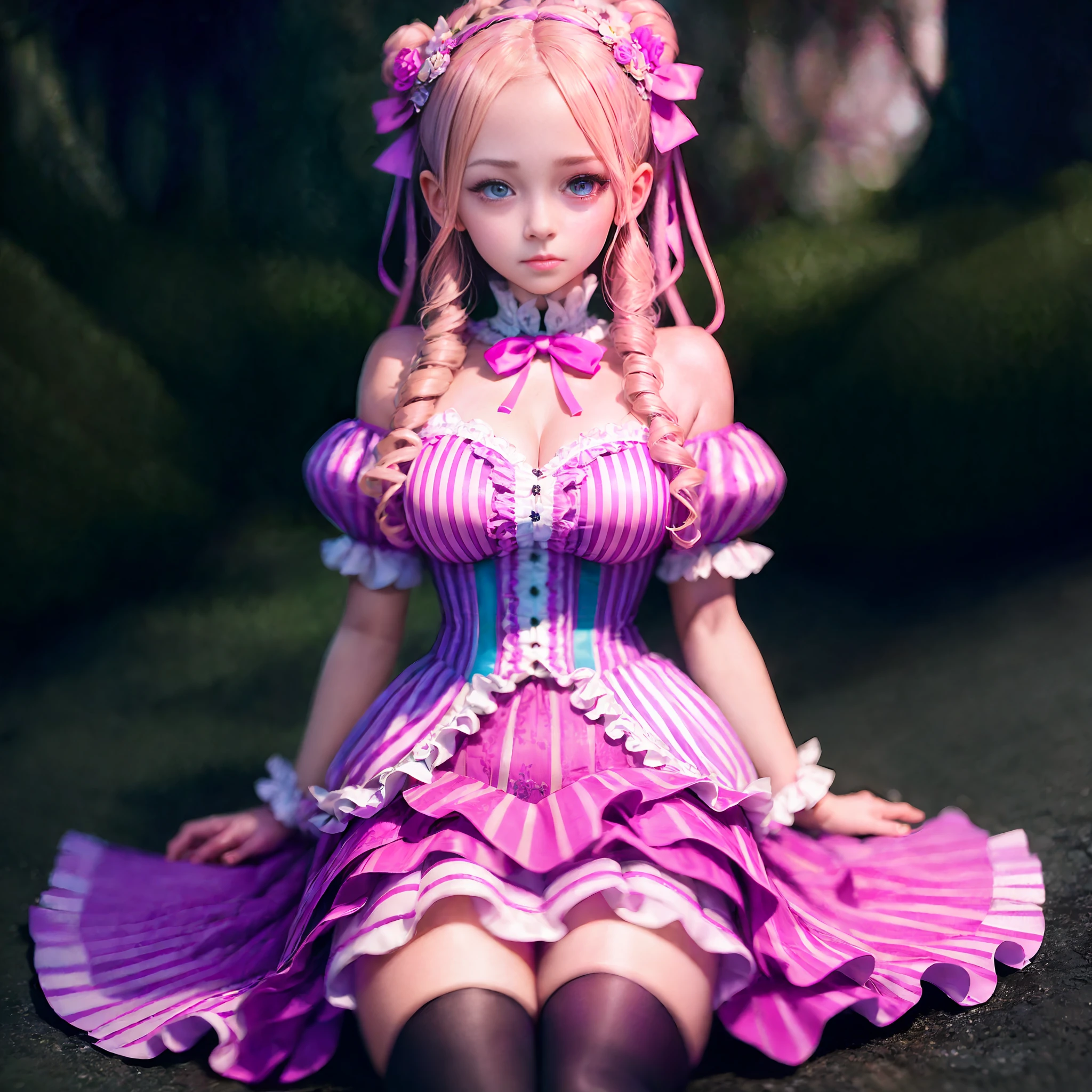 A masterpiece, Very Cute, Beatrice from Re:Zero kara Hajimeru Isekai Seikatsu, Perfect Hyperrealistic Face, Perfect Pink frilly Dress, Perfect light blond curly Twintailed Hair with pink 2 ribbons, Perfect body, Striped Stockings Perfect Blue Eyes, Detailed and Intrincicated, HD, Photoshoot