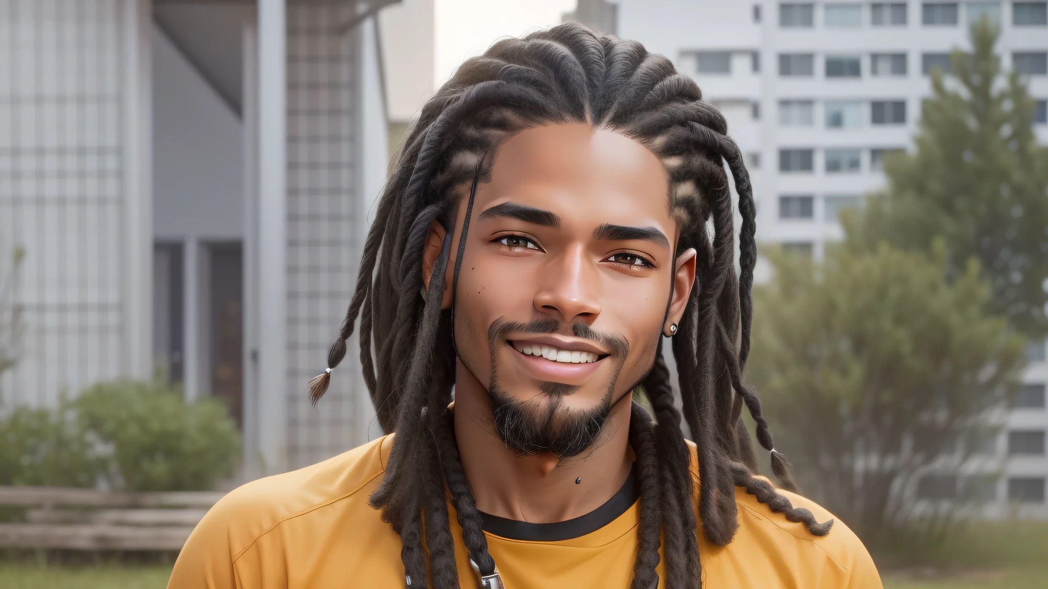 (detailed description) (Best quality) mixed-race man (black features but with white skin) with long dreadlocks in his hair, rural black community in the background, with blue clothes. --s --auto --s2