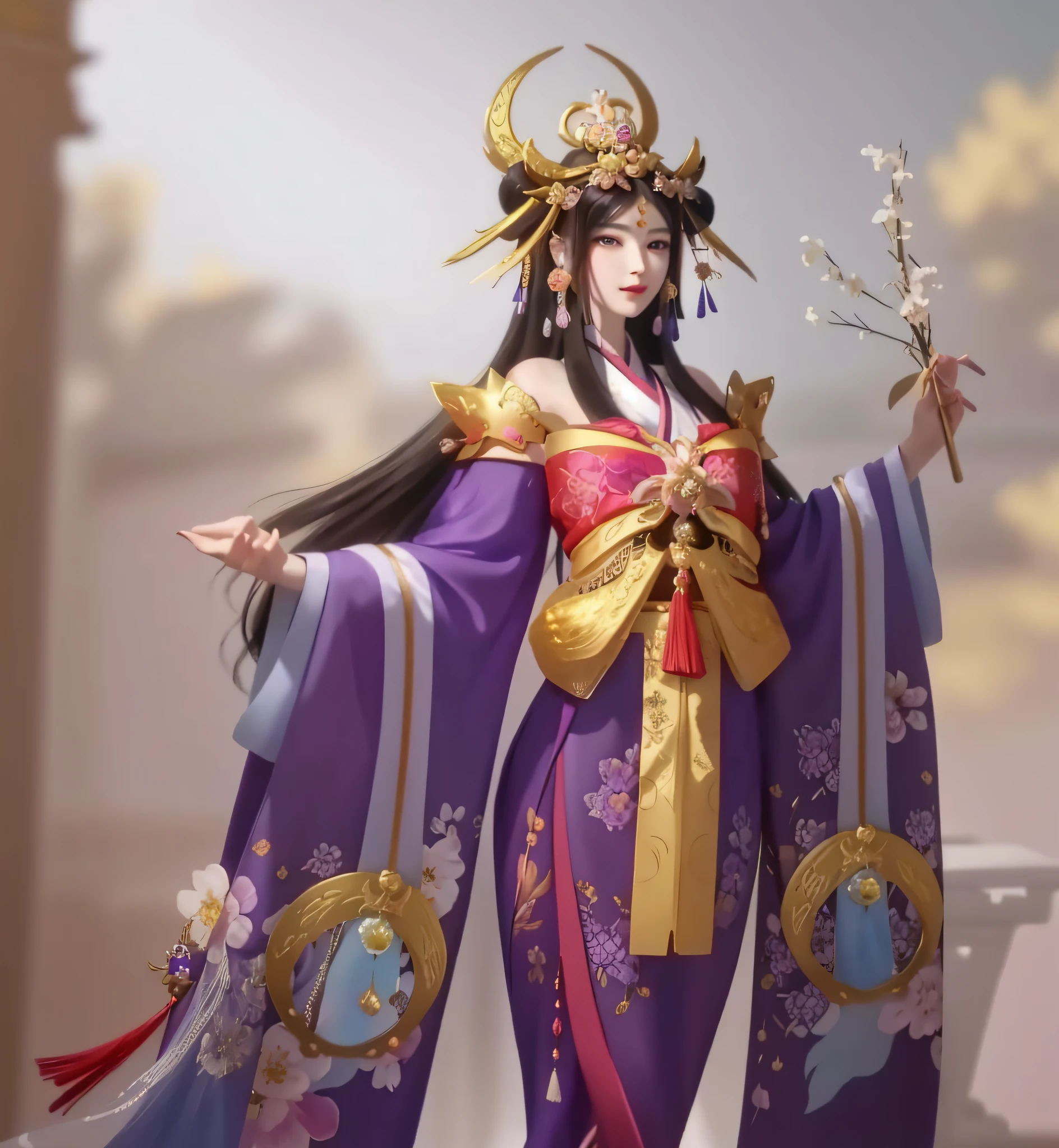 Close up portrait of beautiful woman in purple and gold dress, beautiful fantasy empress, detailed art of onmyoji, portrait of an onmyoji, inspired by Julian, onmyoji, goddess of Japan, ((beautiful fantasy empress)), Pingze Jinyao, inspired by Lan Ying, inspired by Li Meishu, Bianglian, Kaguya princess, exposure