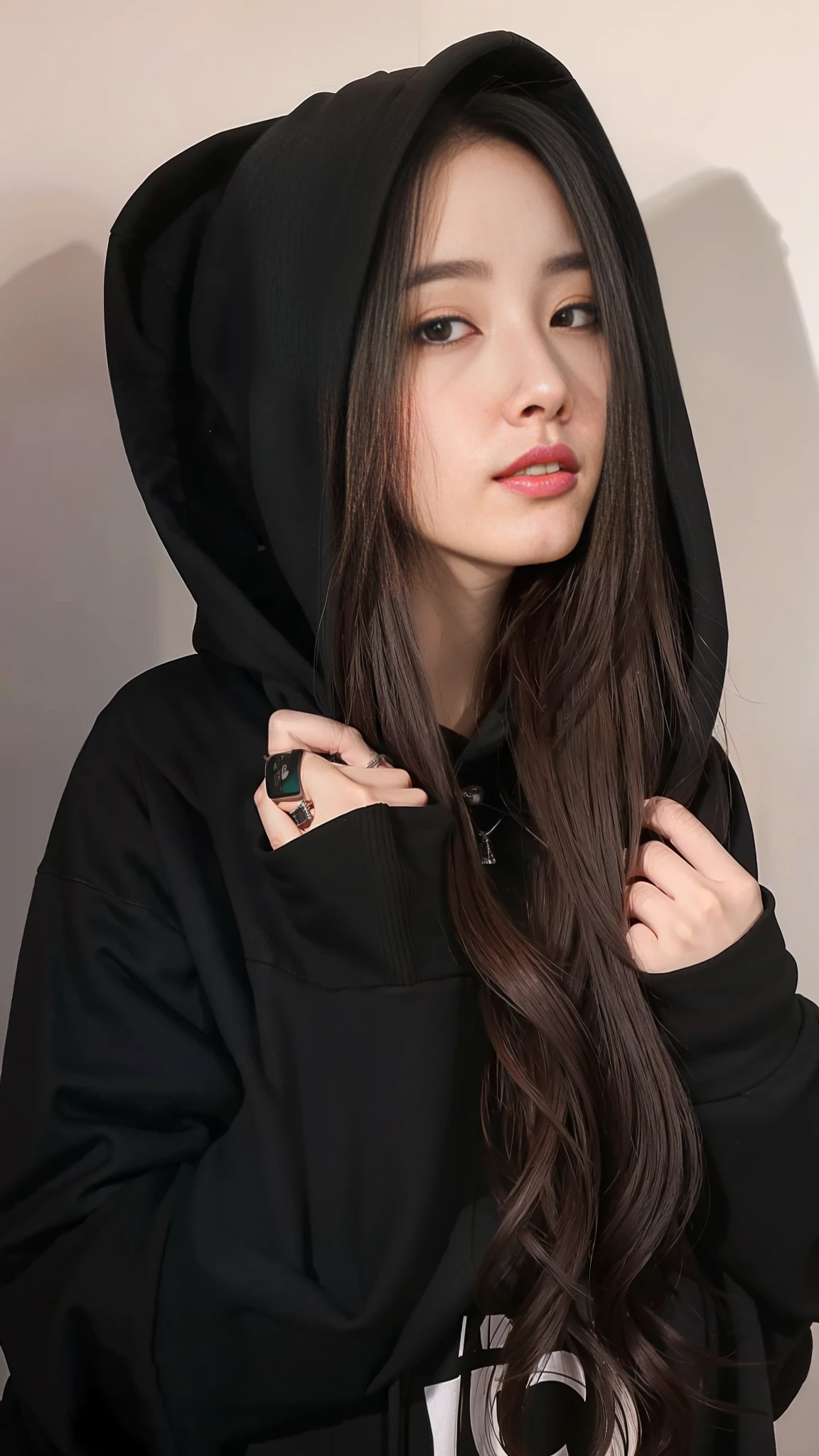 a close up of a woman wearing a black hoodie, in a black hoodie, girl wearing hoodie, black haired girl wearing hoodie, wearing a black hoodie, black hoodie, black hood, wearing a dark hood, dilraba dilmurat, wearing hoodie, dressed black hoodie, wearing an oversized hoodie, in a hoodie, wearing a hoodie