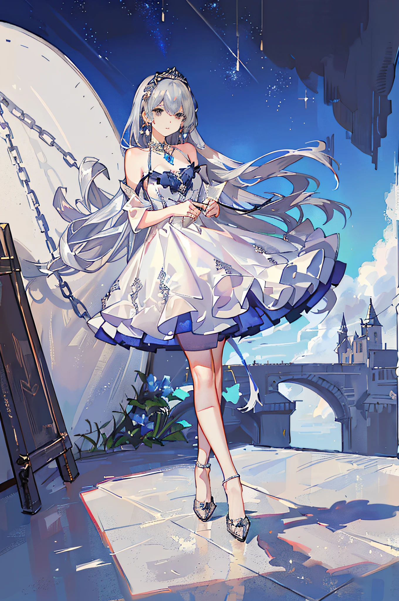 masterpiece, Best quality,4K,Wallpaper 8k, Ultra Detail, Illustration, Portrait, 1girl, St. Louis \(Luxury wheels\)\(Azure Lane\), Hair ornament, Earrings, Necklace, Portrait, ((((Silver Dress))), (Reveal))), Look at Viewer, Solo,Walking Gracefully