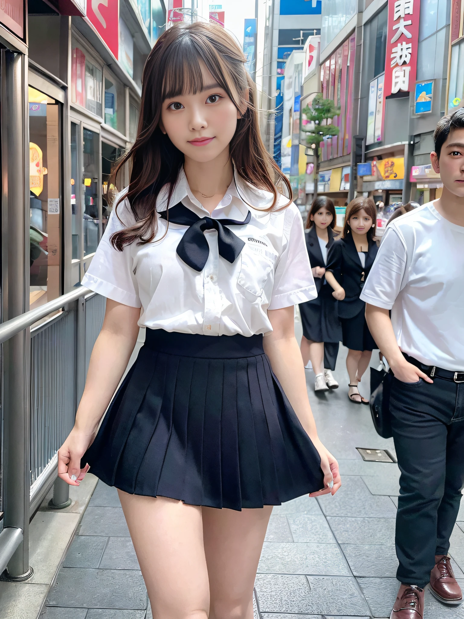 Ultra top quality, masterpiece, ultra high resolution, (photorealistic: 1.4), highly detailed CG Unity 8k wallpaper, detailed and complex, original, high resolution, raw photo, (perfect figure), fine and complex, DSLR, soft lighting, high quality, film grain, Leica camera, 50mm lens, backlight, HDR, hyperrealistic, color grade, dynamic pose, portrait, Japan person, smile, lips, bangs, (crowded akihabara: 1.2), front view viewer, natural light, girl, 20 years old, full body, solo, student, junior high school, uniform, sailor color, bobby socks, pleated skirt, daytime, on the street, deep shadow, cute, beauty, discreet, cold light 12000K \ Street, store status, Akihabara, Shinjuku, Shibuya, Ikebukuro