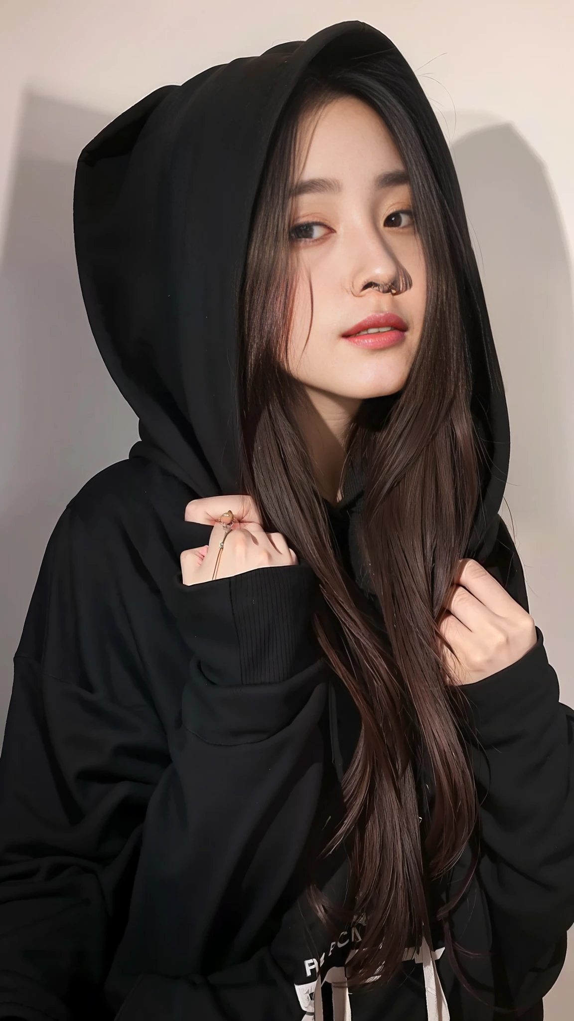 a close up of a woman wearing a black hoodie, in a black hoodie, girl wearing hoodie, black haired girl wearing hoodie, wearing a black hoodie, black hoodie, black hood, wearing a dark hood, dilraba dilmurat, wearing hoodie, dressed black hoodie, wearing an oversized hoodie, in a hoodie, wearing a hoodie