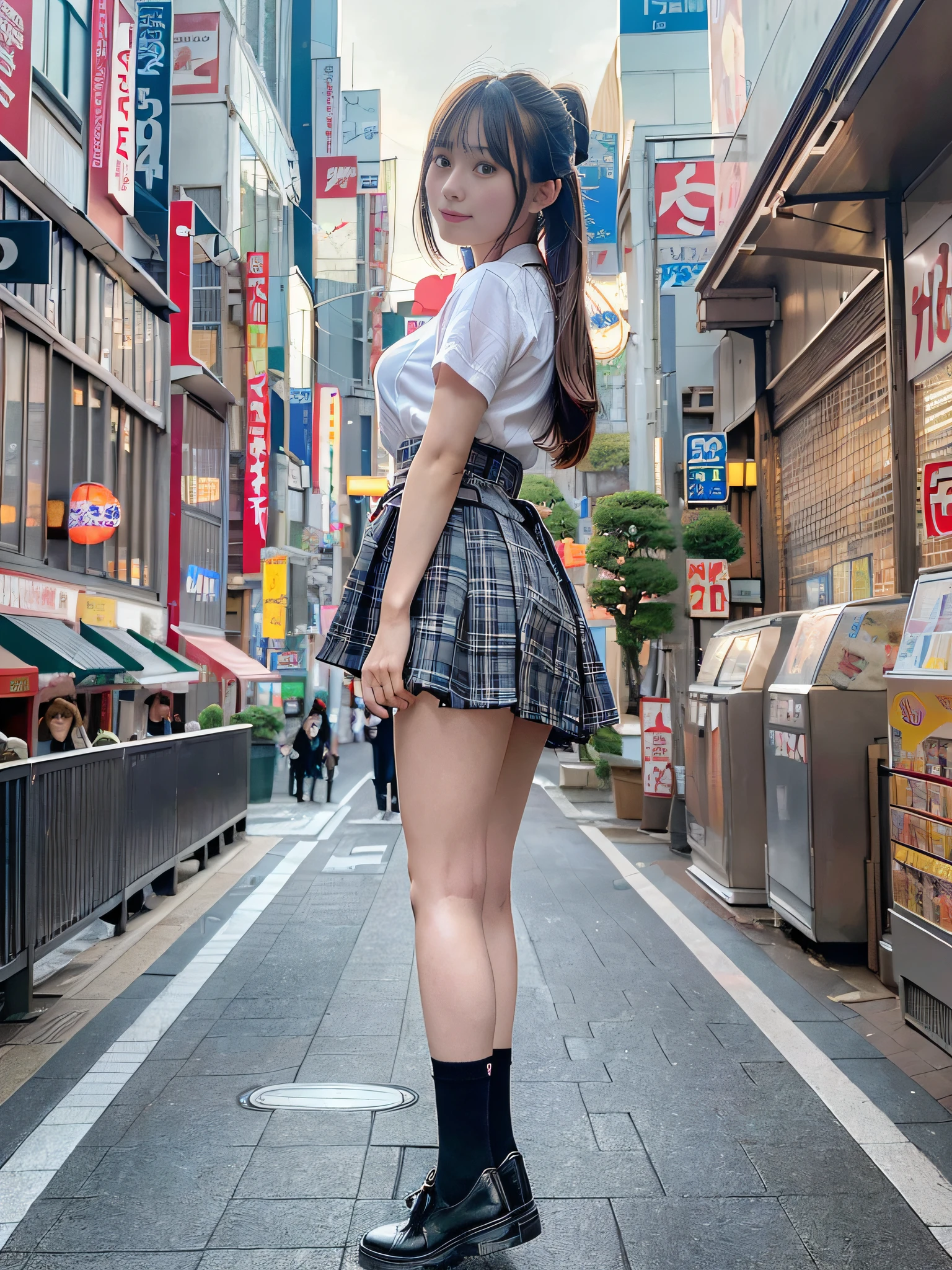Arafed asian woman in a skirt and high heels standing on a city street ...