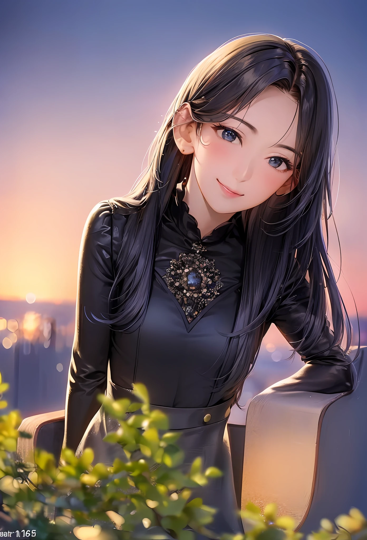 (8k, top quality, masterpiece: 1.2), (realistic, photorealistic: 1.37), super detailed, girl single, cute, solo, midnight, beautiful detailed sky, detailed café, sitting, date, (blush), (smile: 1.15), small breasts (mouth closed), beautiful fine eyes, floating hair NovaFrogStyle, back open dress