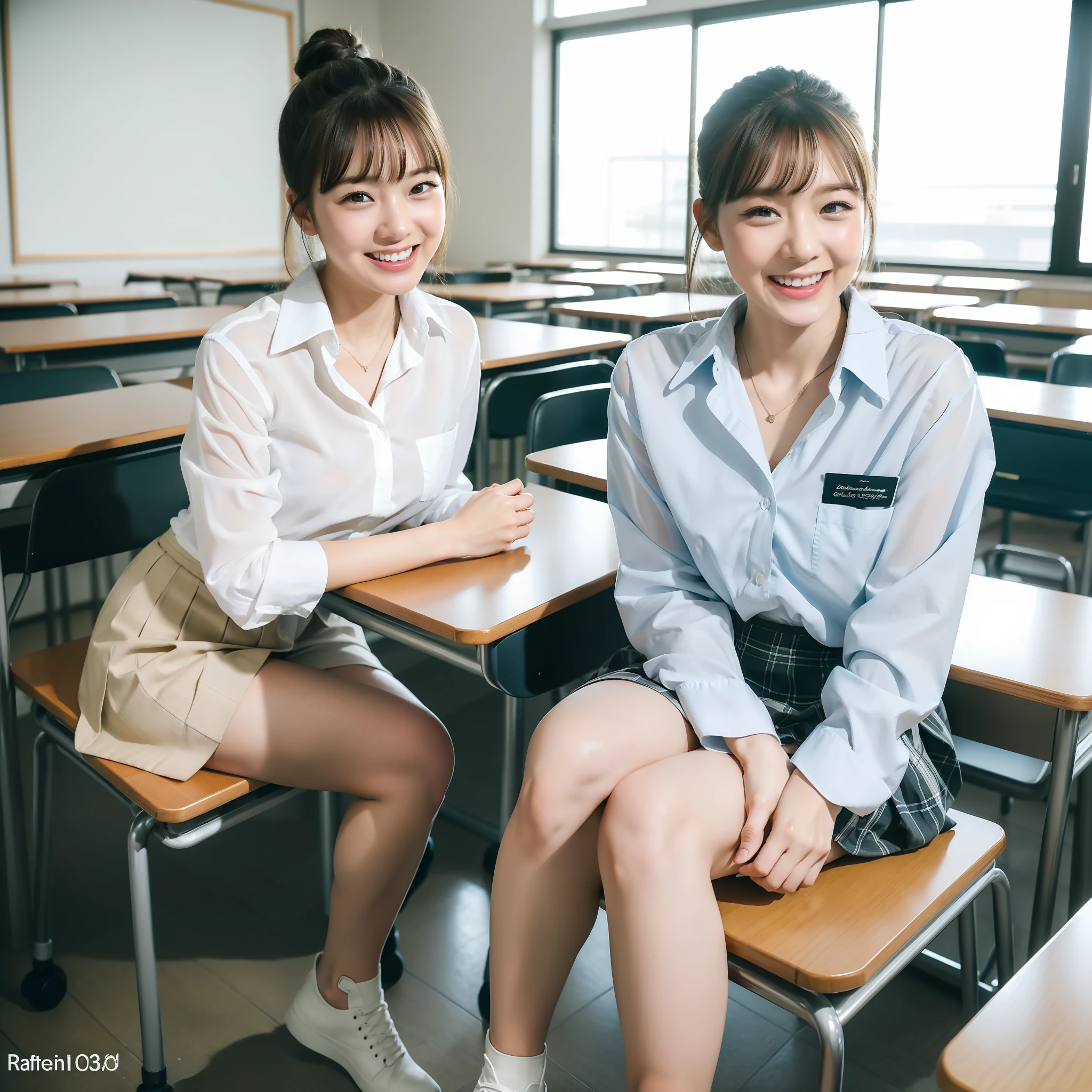 ((top quality, 8k, masterpiece: 1.3)), RAW photos, realistic skin texture, professional lighting, girl, super cute Japan schoolgirl, slender perfect figure, (random hairstyle, big: 1.2), high school classroom, (sit on a chair: 1.2), see-through button-up white shirt, pleated mini cart, thighs, bare feet, super detailed face, super detailed eyes, super detailed lips, big laugh