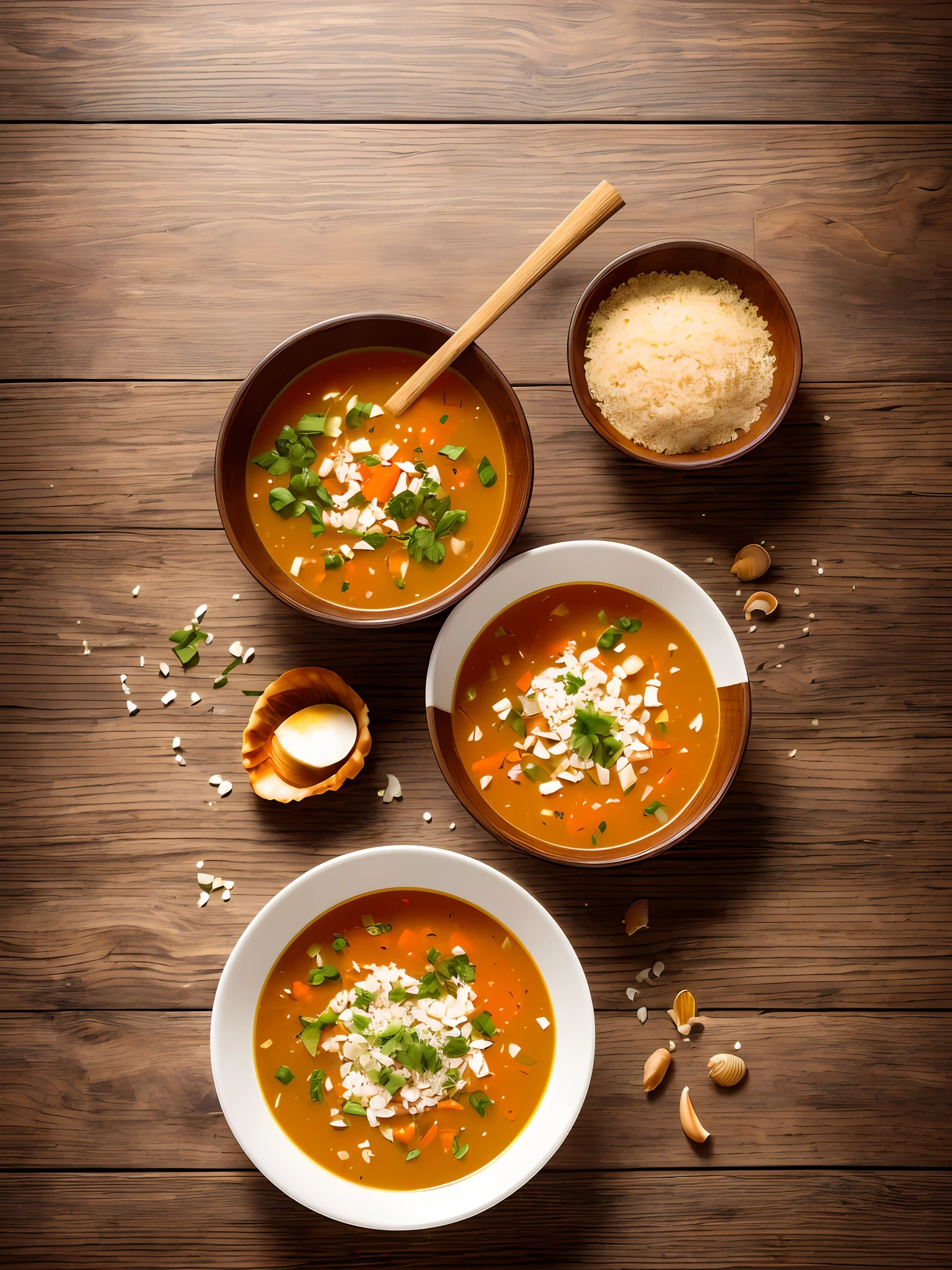 (post in high quality, wooden background image, a bowl of soup coming out smoke on the right side, a shell full of soup on the top of the left side, soon will give broth centered on the top, extremely detailed, price on the side)