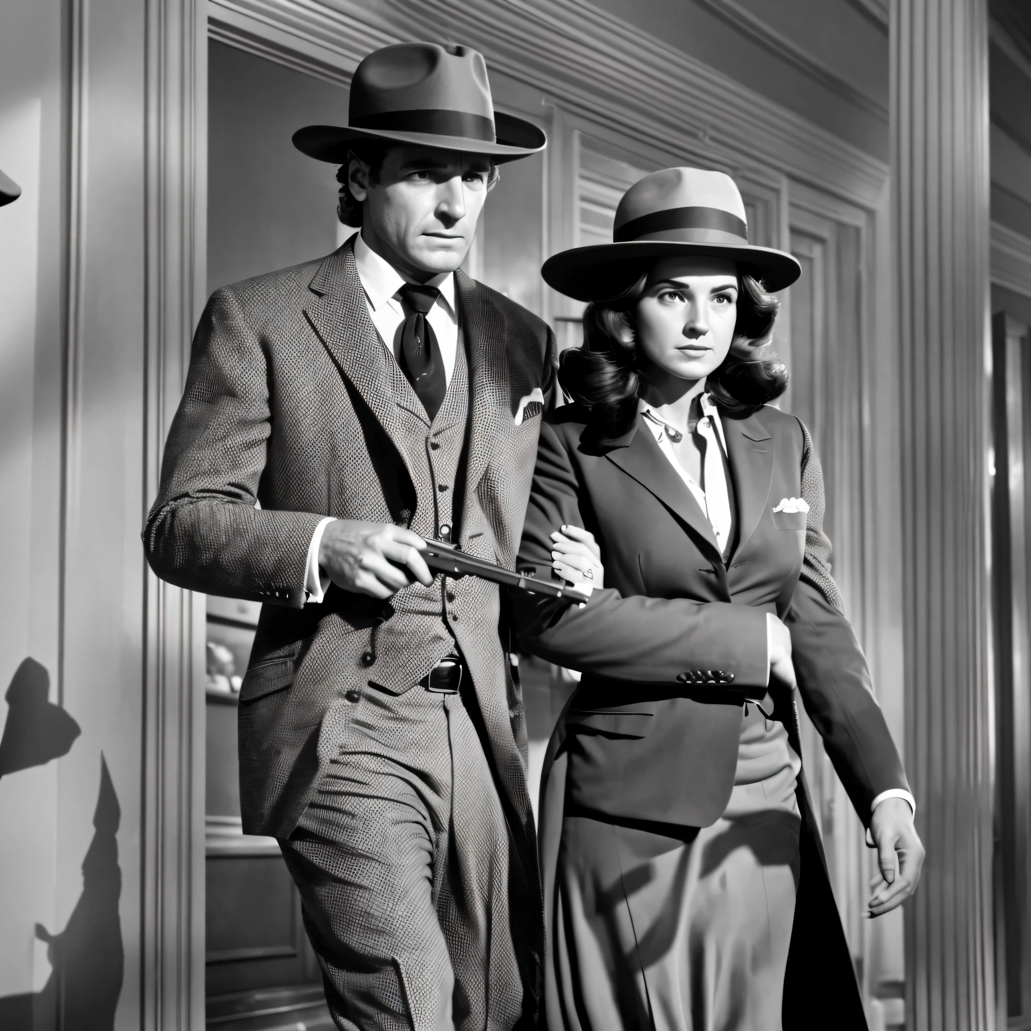 a black and white photo of a man and a woman, still frame from a movie, noir detective, man wear a fedora, woman has loose hair, hypermodernism, man is carrying a rifle, intense flirting, screengrab, by Milton Menasco, only one person in frame, dusty and smokey, three dimensional shadowing --auto --s2