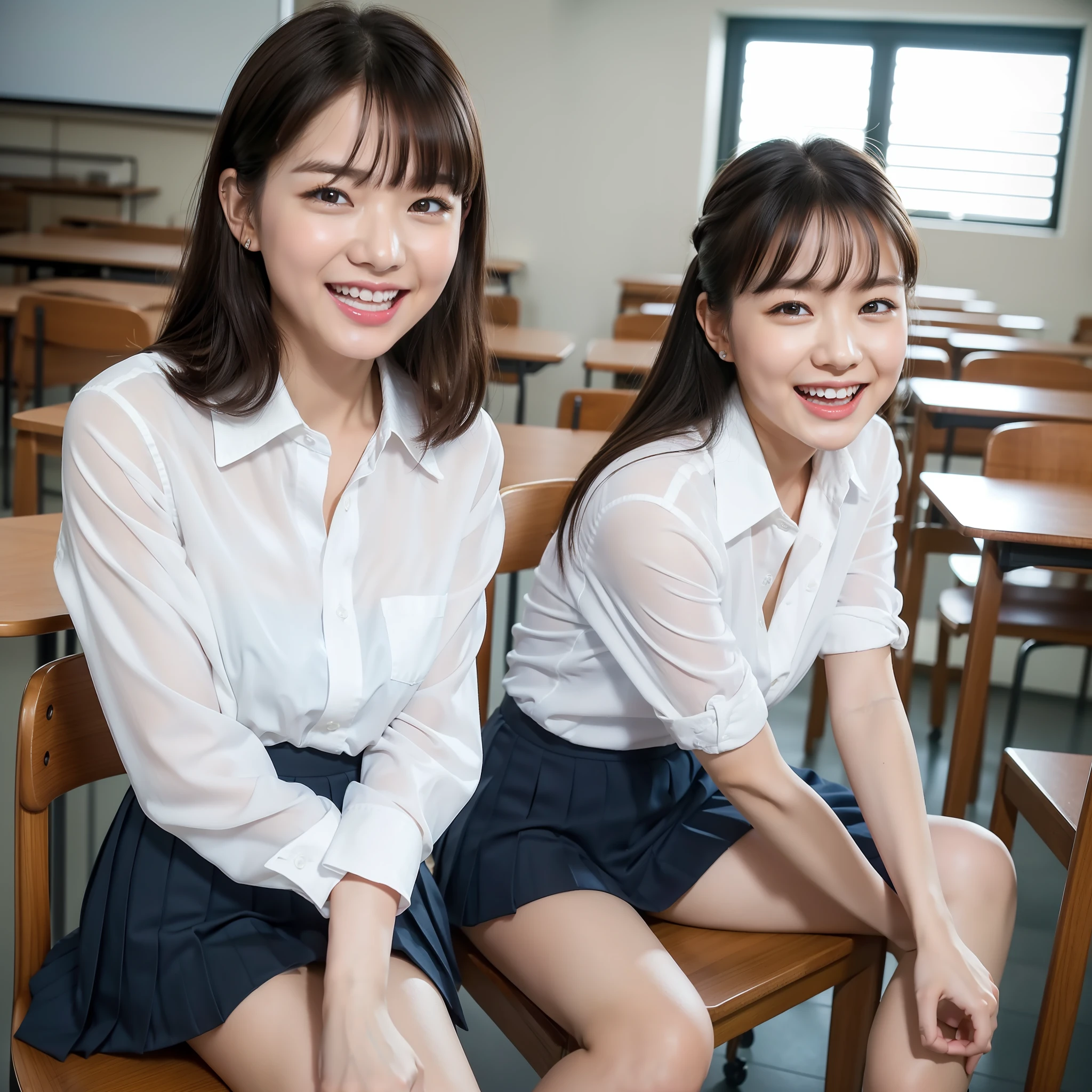 ((top quality, 8k, masterpiece: 1.3)), RAW photos, realistic skin texture, professional lighting, girl, super cute Japan schoolgirl, slender perfect figure, (random hairstyle, big: 1.2), high school classroom, (sit on a chair: 1.2), see-through button-up white shirt, pleated mini cart, thighs, bare feet, super detailed face, super detailed eyes, super detailed lips, big laugh