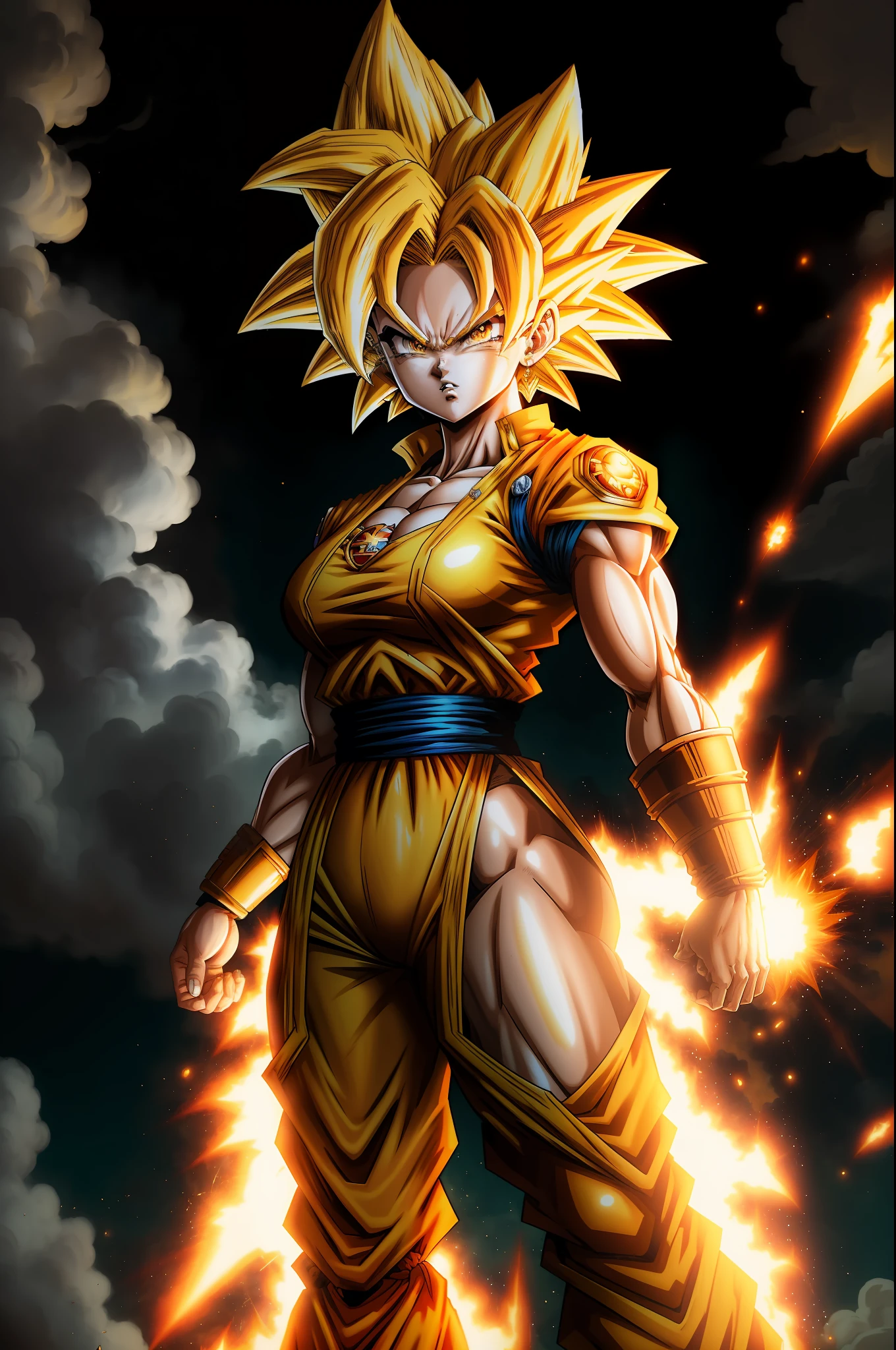 Saiyan Woman", "an epic masterpiece of comic style, showing Goku's explosive power as Super Saiyan 3 with her signature long shiny yellow hair and the best possible quality."