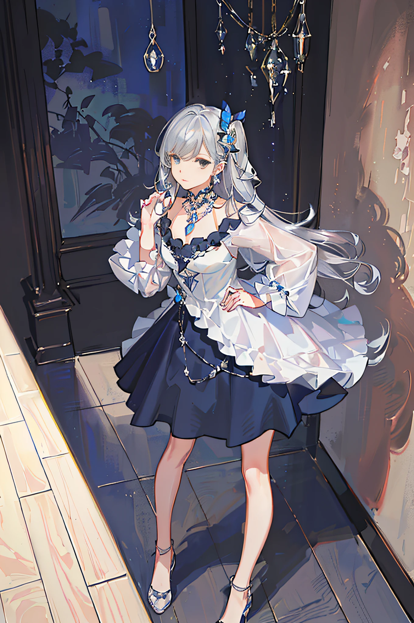 masterpiece, best quality, ultra detail, illustration, portrait, 1girl, st. louis \(luxury wheels) \(Azure Lane\), hair ornament, earrings, necklace, portrait, ((((silver dress))), (((revealing clothing))), looking at the viewer, solo,walking gracefully
