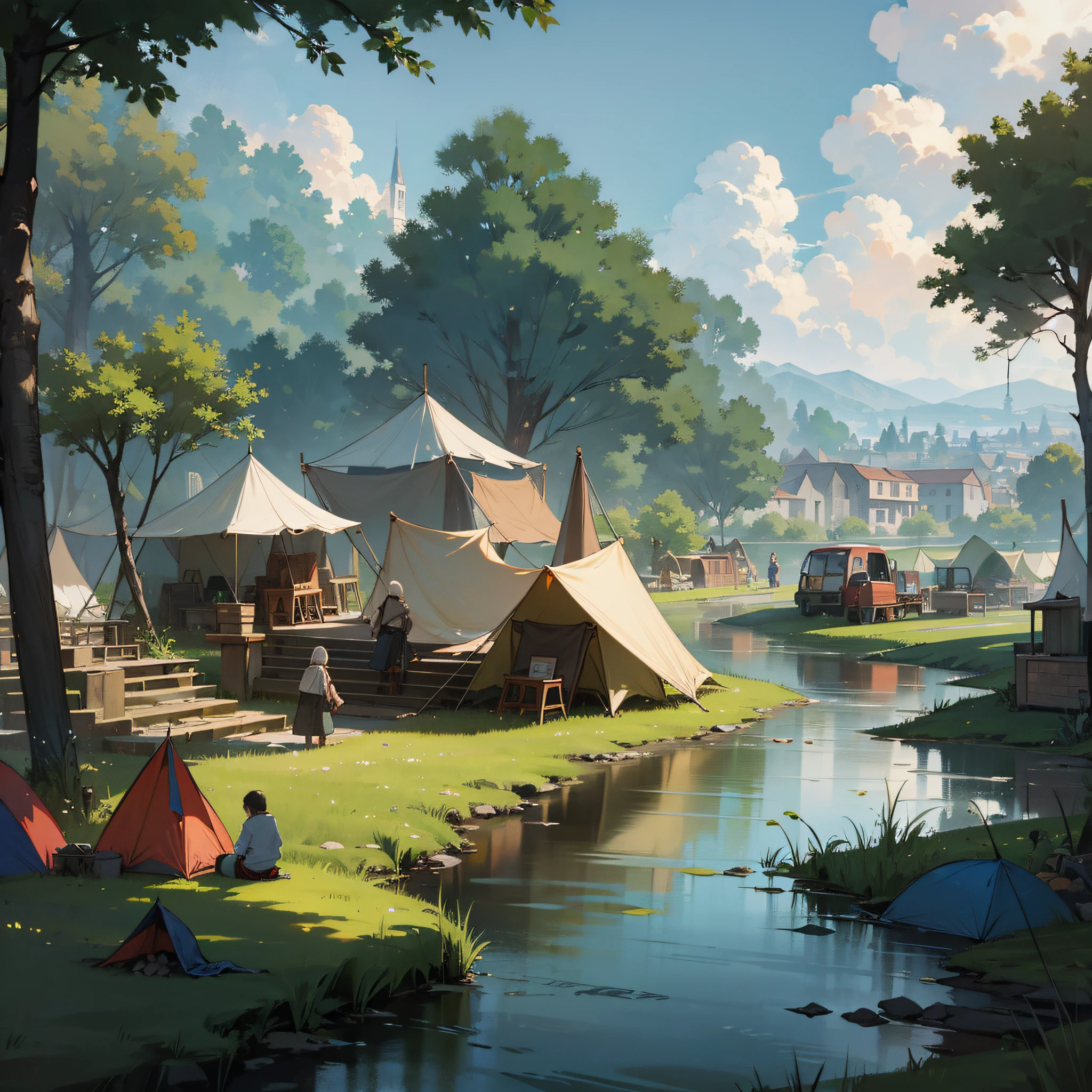 Best quality, masterpiece, lots of people, rundown town, tents, greenery, river, campfire