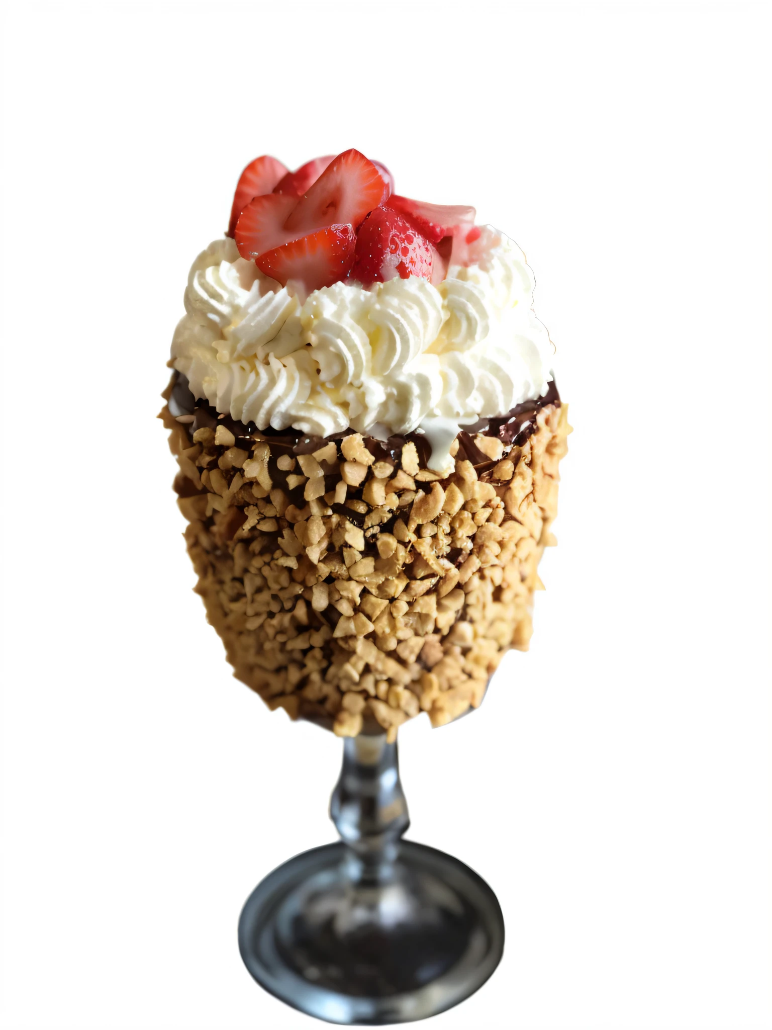 there is a dessert in a glass with a strawberries on top, sea of parfait, dessert, whipped cream on top, decadent, whipped cream, 3 4 5 3 1, viewed from below, ice cream cone, strawberry ice cream, 2995599206, by Joe Bowler, cream, 3156350975 --auto --s2