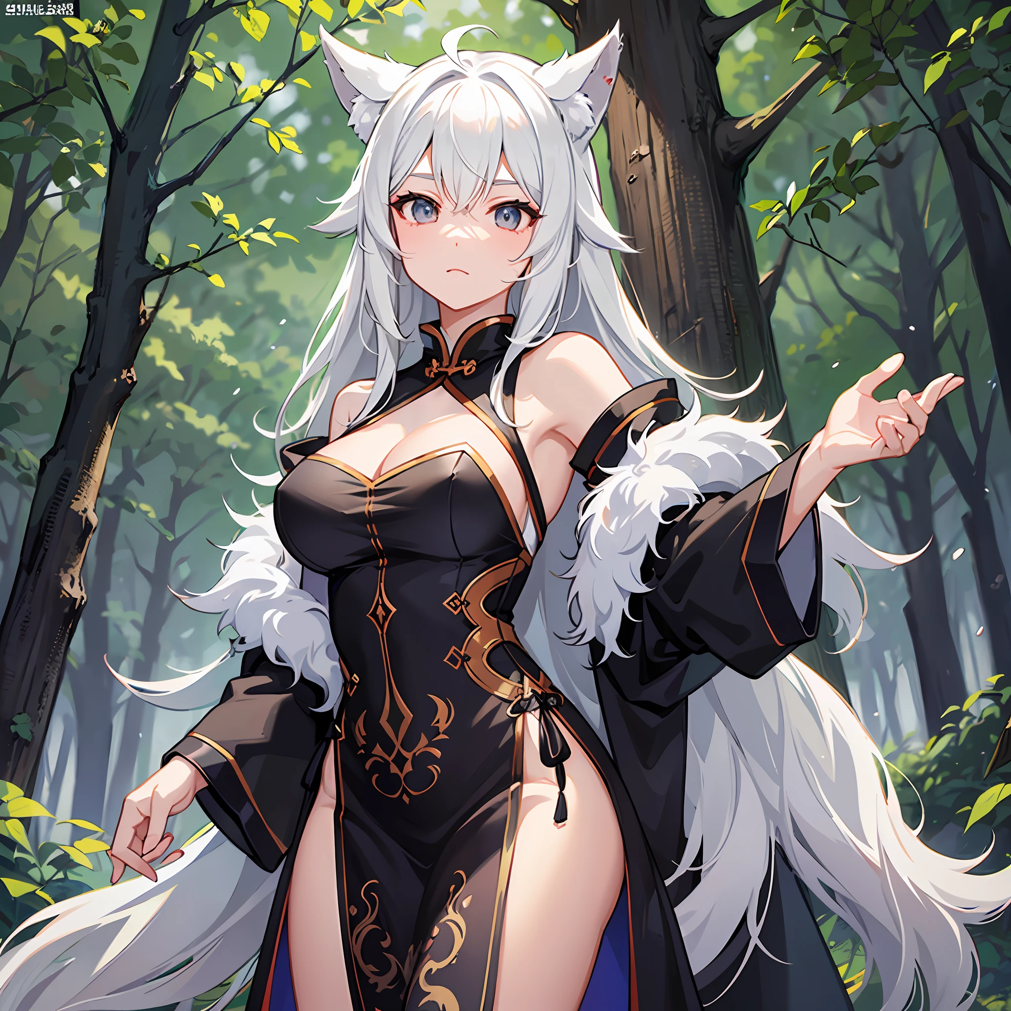 A she-wolf, female body, furry, athletic body, in a forest, white hair, Chinese dress