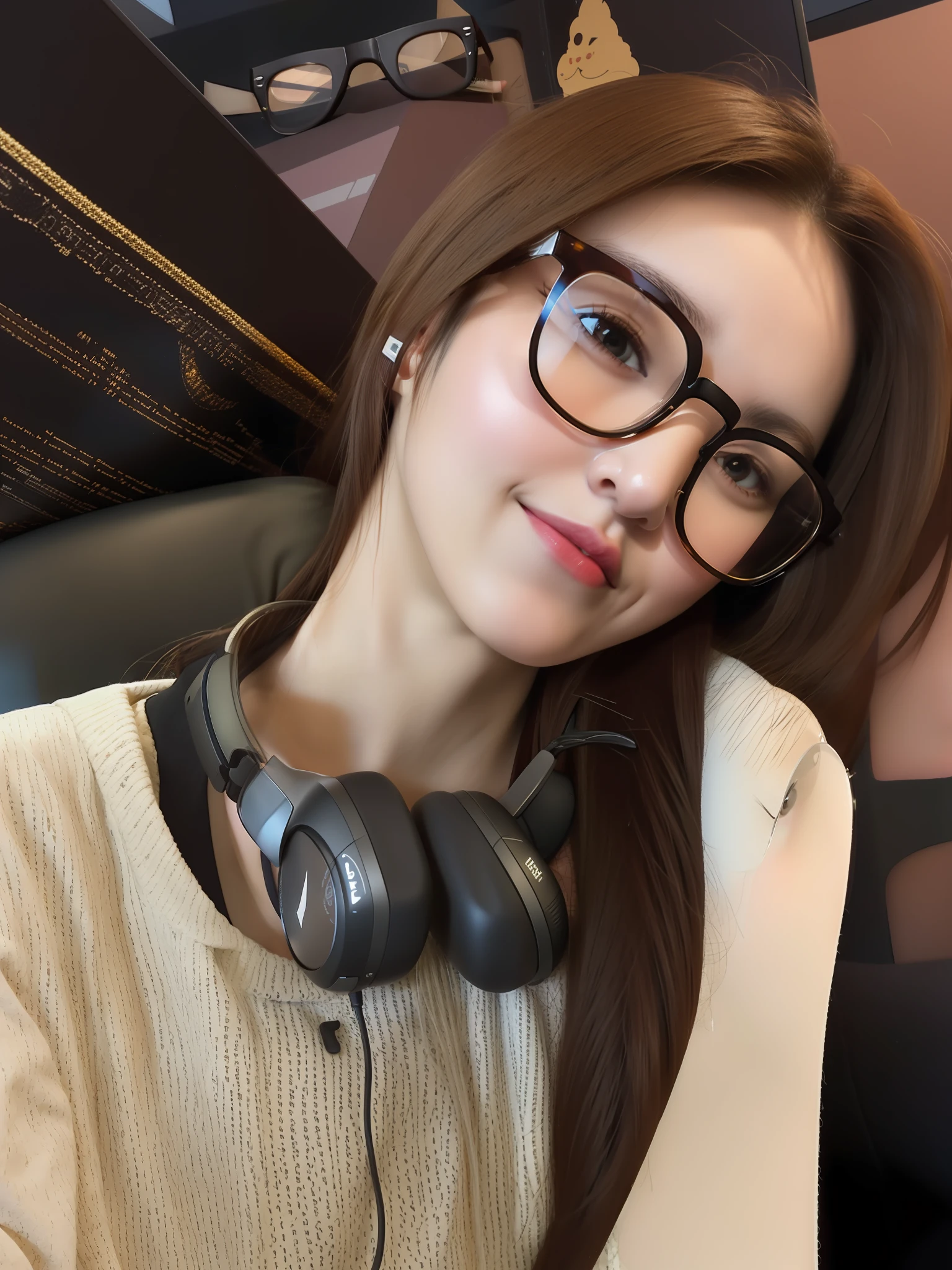 arafed woman with headphones and glasses posing for a picture, with glasses, with square glasses, wearing thin large round glasses, with black eyeglasses, spectacled, thick round spectacles, wearing black frame glasses, wearing square glasses, thick glasses, wearing glasses, !!wearing modern glasses!!, thick - rimmed glasses, young and cute girl, with glasses on, 8k, cleavage, big tits
