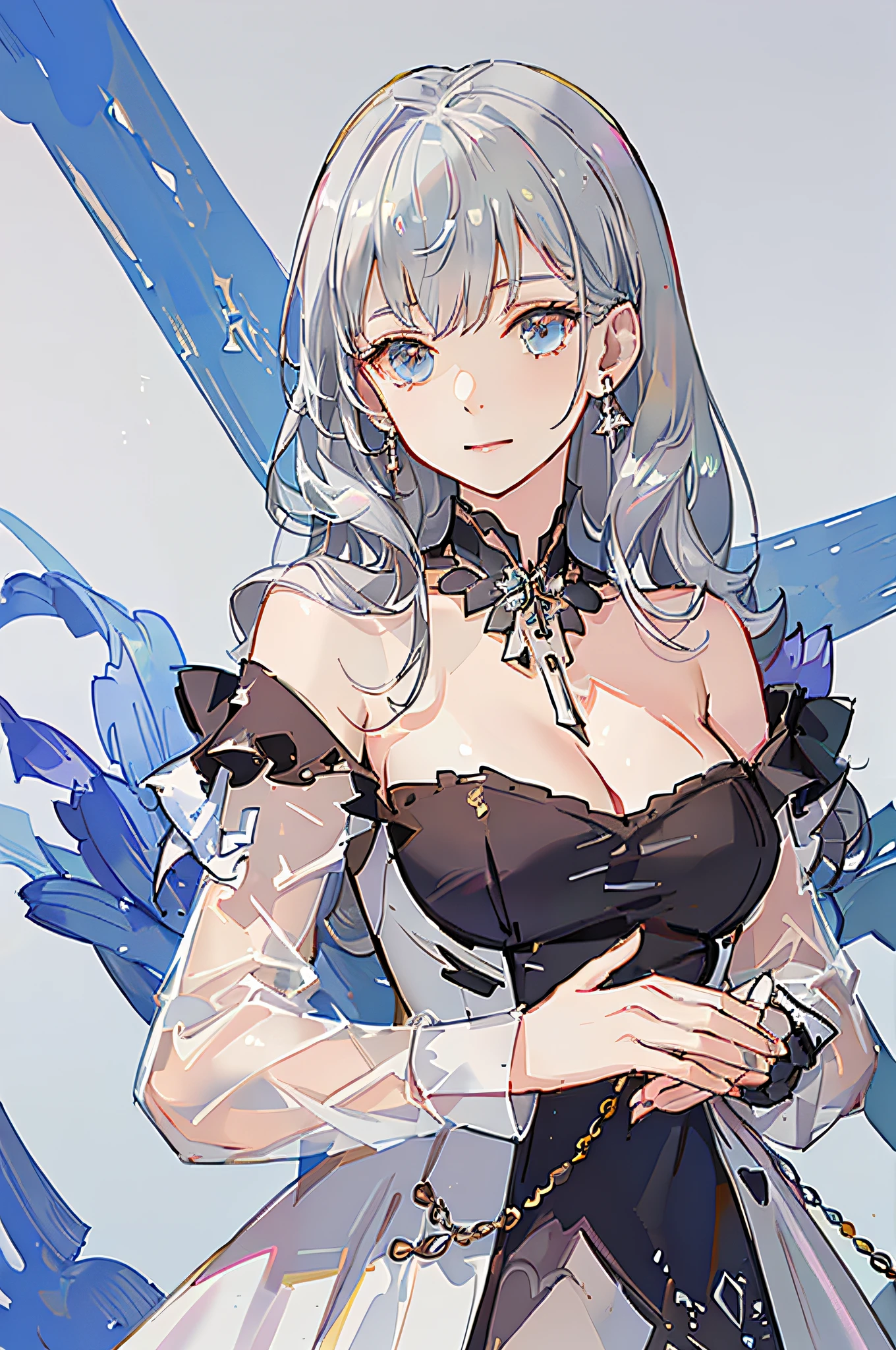 masterpiece, best quality, ultra-detailed, illustration, portrait, 1girl, st. louis \(luxurious wheels\) \(azur lane\), hair ornament, earrings, necklace, portrait, (((silver dress))), (((revealing clothes))),  looking at viewer, solo,