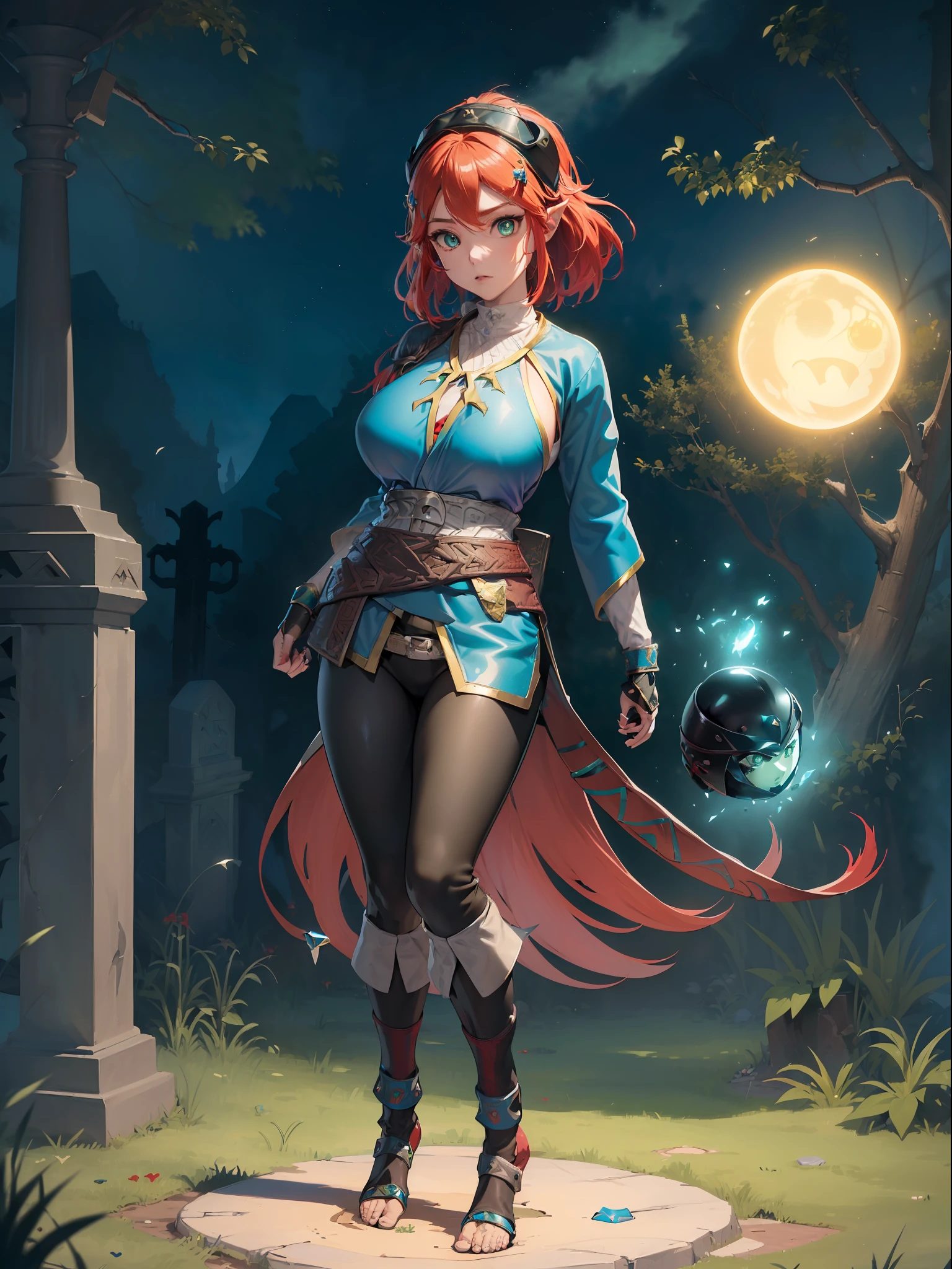 ((full body:2)) {zelda botw outfit}, only {zelda botw outfit} is this ((wearing Ninja attire, with round shiny jewel on chest, with a belt, helmet on head):2) ((extremely tight on the body, with a round jewel on her breastplate):1.5), only {zelda botw outfit} ((has extremely large breasts):2), only {zelda botw outfit} ((is looking at viewer/look and face of hate, doing heroic poses with arms above the waist)), only {zelda botw outfit} has ((green colored eyes, very short mohawk red hair):1.5), only {zelda botw outfit} is standing, ((Inside a cemetery, this night, it's full of ghosts near the tombstones)), anime, anime style, cinematic lighting, 16k, highres, best quality, (high details:1.4), UHD, ((masterpiece))