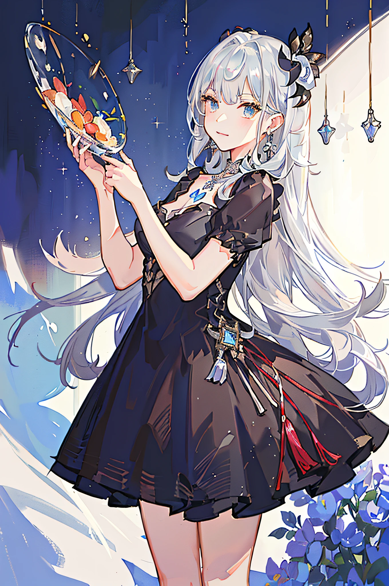 masterpiece, best quality, ultra-detailed, illustration, portrait, 1girl, st. louis \(luxurious wheels\) \(azur lane\), hair ornament, earrings, necklace, portrait, (((silver dress))), (((revealing clothes))),  looking at viewer, solo,