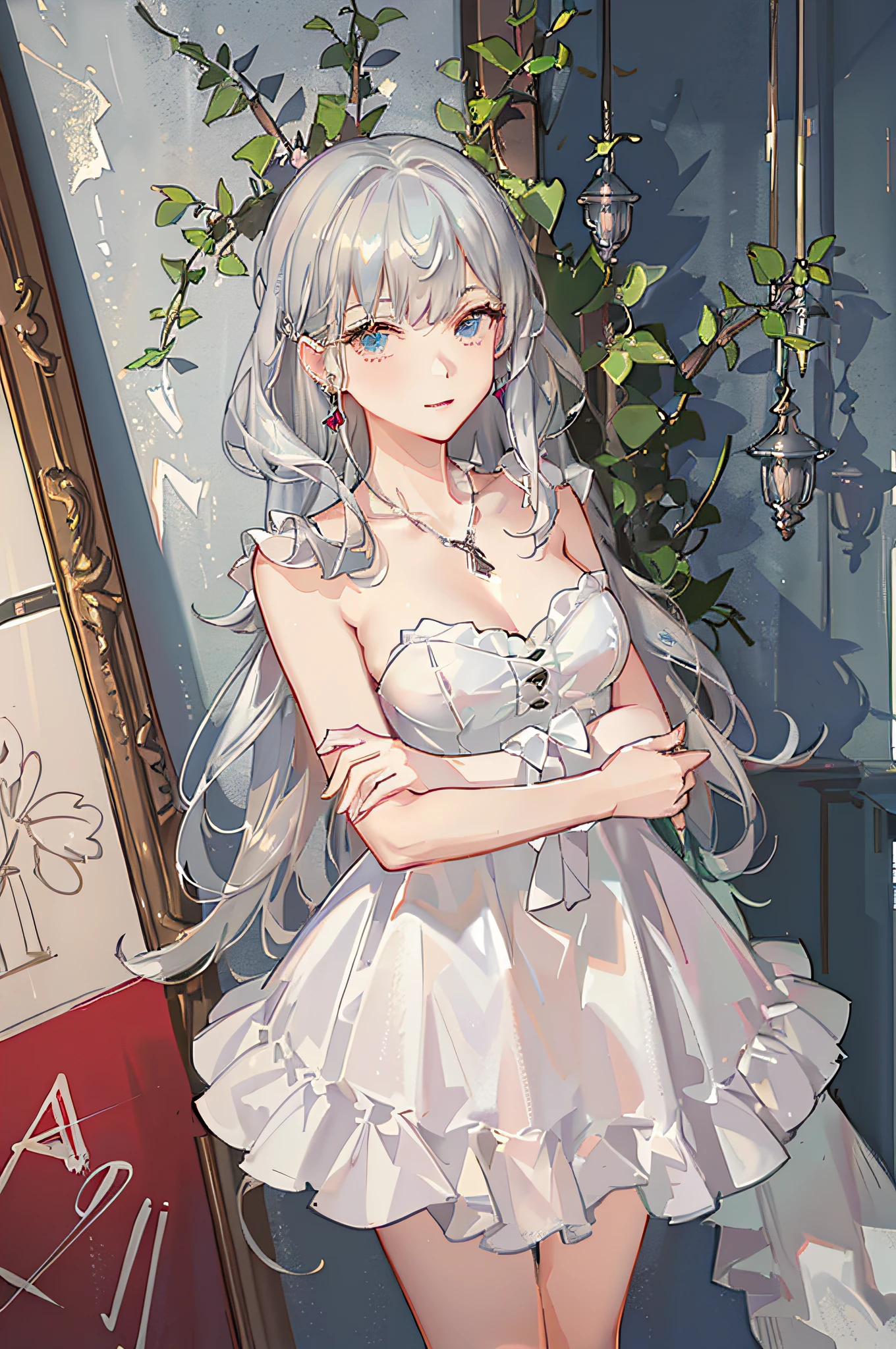 masterpiece, best quality, ultra-detailed, illustration, portrait, 1girl, st. louis \(luxurious wheels\) \(azur lane\), hair ornament, earrings, necklace, portrait, (((silver dress))), (((revealing clothes))), looking at viewer, solo,
