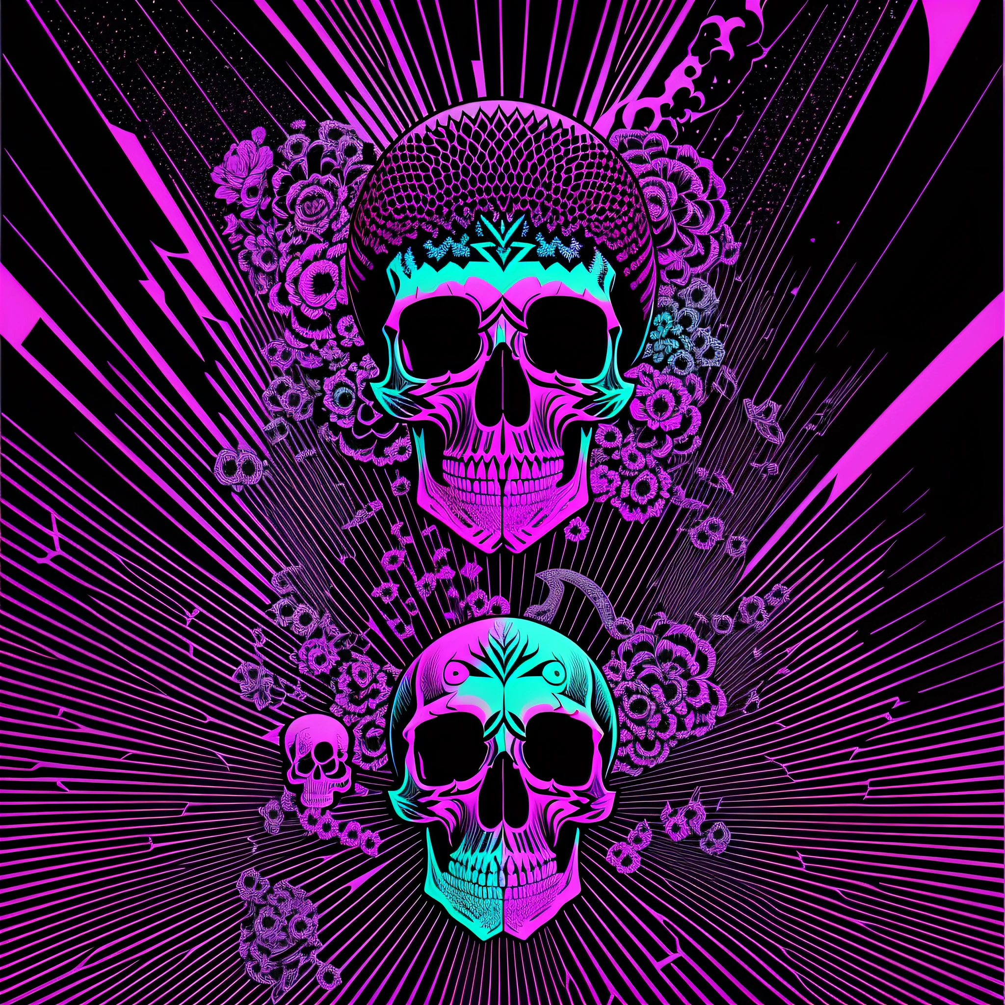 psychedelic skull, vector image, t-shirt design, isolated, black background, illustration colors shock pink and cyan black background --auto --s2