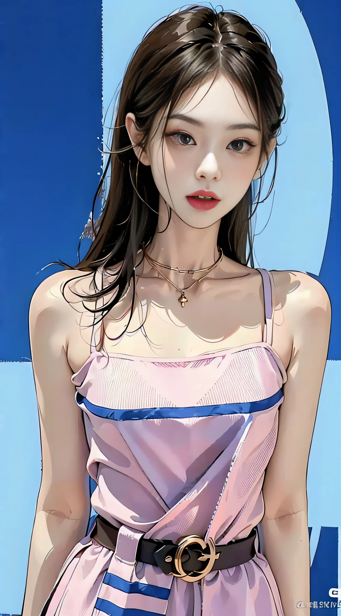 (1girl:1.3), solo, _ Kim Ji-ni Jennie face, wearing pink camisole vest, cropped style, pale green sports shorts, sexy, cute, white socks, background campus, full body photo, looking at the audience, world-weary face, indifferent eyes, Korean style photo photo, photography lighting, strong contrast, sun on the face, world-weary face, high-end sense, 8k resolution image, intricate symmetry details. Smooth action, full picture.
