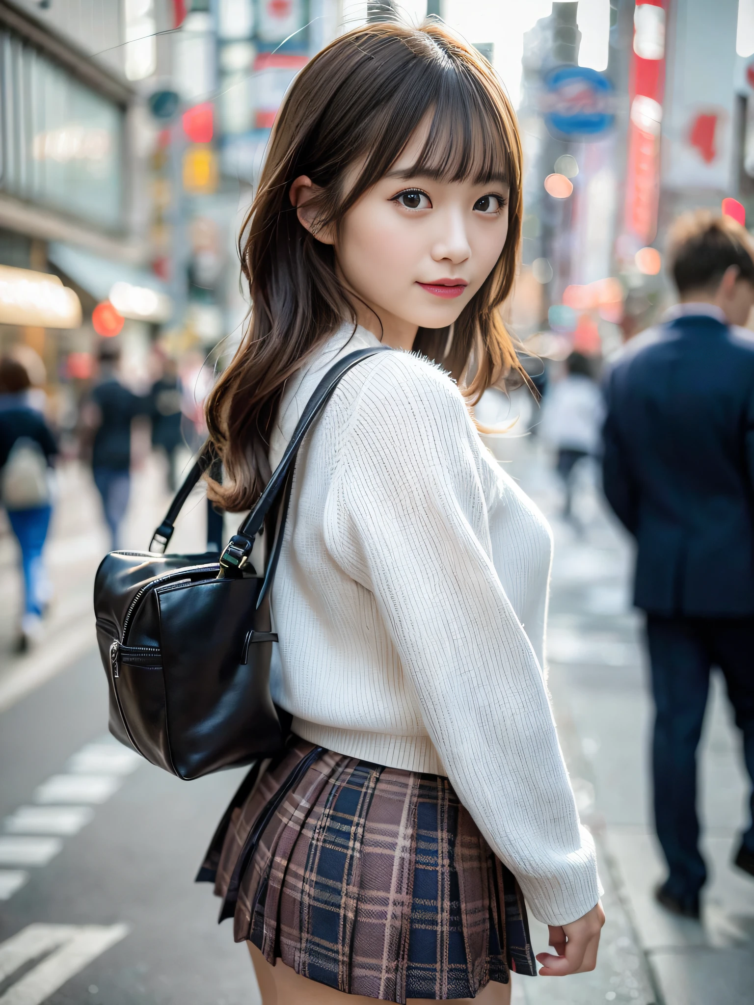 Ultra top quality, masterpiece, ultra high resolution, (photorealistic: 1.4), highly detailed CG Unity 8k wallpaper, detailed and complex, original, high resolution, raw photo, (perfect figure), fine and complex, DSLR, soft lighting, high quality, film grain, Leica camera, 50mm lens, backlight, HDR, hyperrealistic, color grade, dynamic pose, portrait, Japan person, smile, lips, bangs, (crowded akihabara: 1.2), front view viewer, natural light, girl, 20 years old, full body, solo, student, junior high school, uniform, sailor color, bobby socks, pleated skirt, daytime, on the street, deep shadow, cute, beauty, discreet, cold light 12000K \ Street, store status, Akihabara, Shinjuku, Shibuya, Ikebukuro