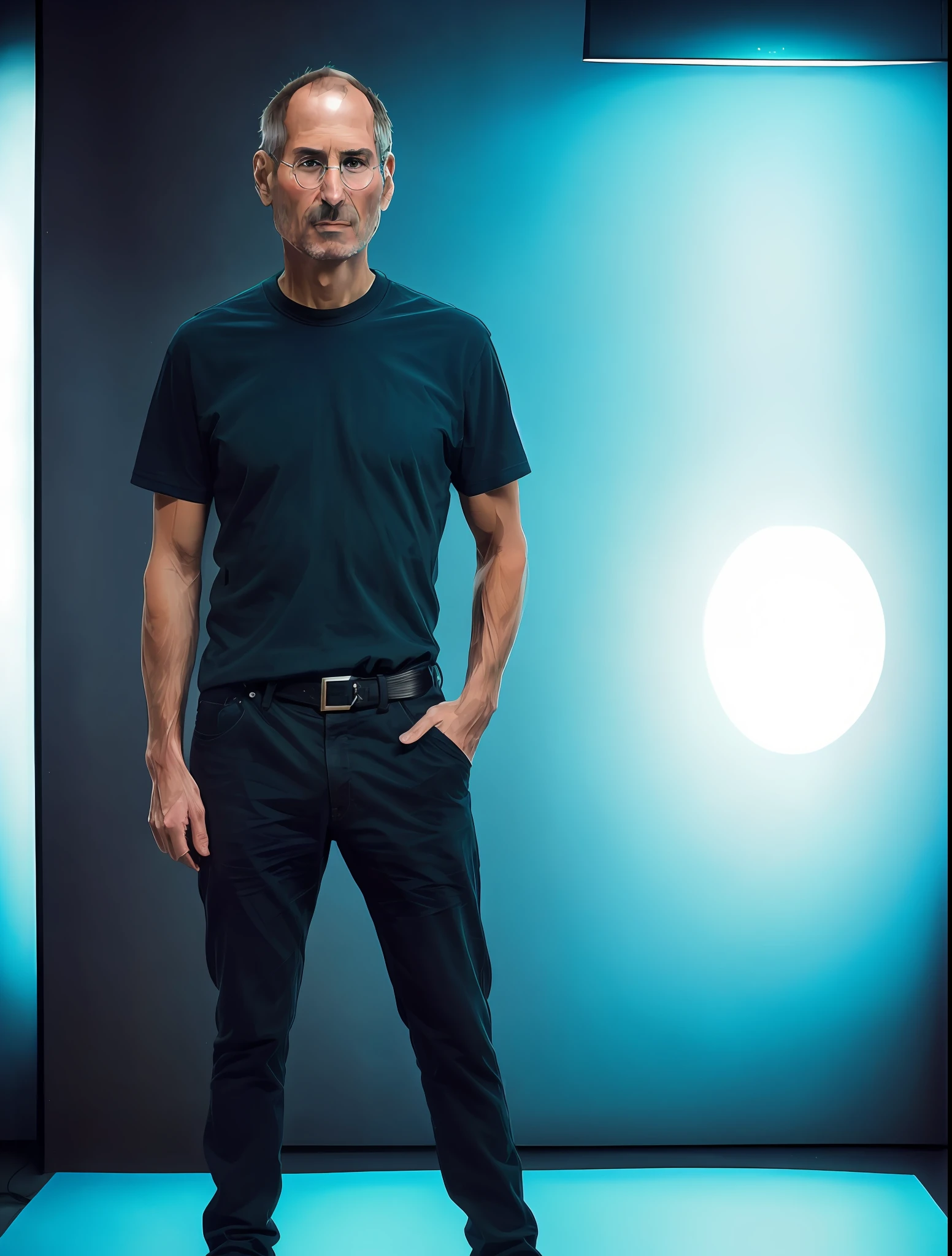 steve job, front view posing in a dark studio, (rim lighting,:1.4) two tone lighting, sharp focus, teal hue, dimly lit, low key, highly detailed, sharp focus, unreal, professional, 4k, max detail, highres, high detail, sharp focus, smooth, aesthetic, extremely detailed, 8k, uhd