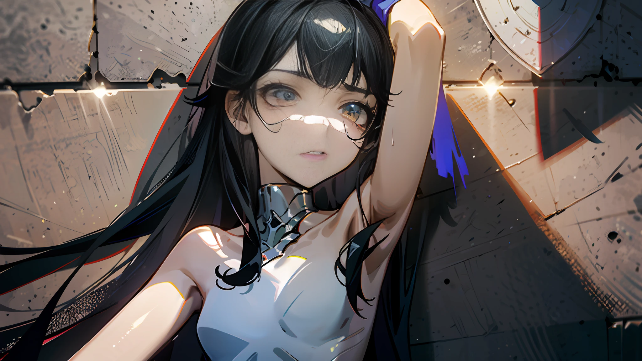 1girl, (solo), ((masterpiece)), (shadow), [slim], (small breasts:1.2), (detailed), cinematic lighting, (textured skin), ((8k)), ((very clear)), drop shadow, focused, shading, tracing, smooth, collarbone, black hair, long hair, (expressionless), arm up, armpits, (topless)