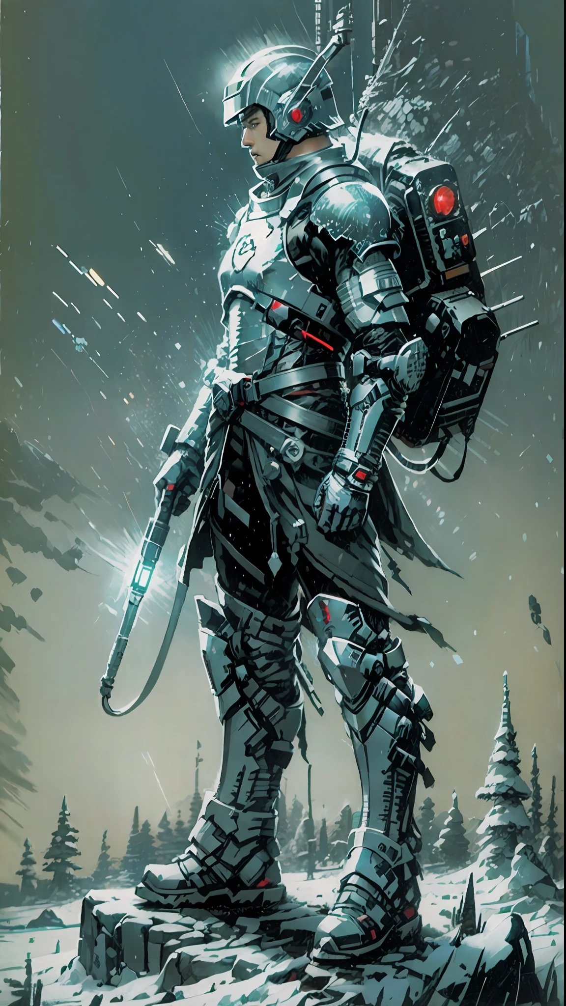[polar bear] equipped with cyberpunk cell and armor, flashlights and lights to guide in the dark, profile, winter