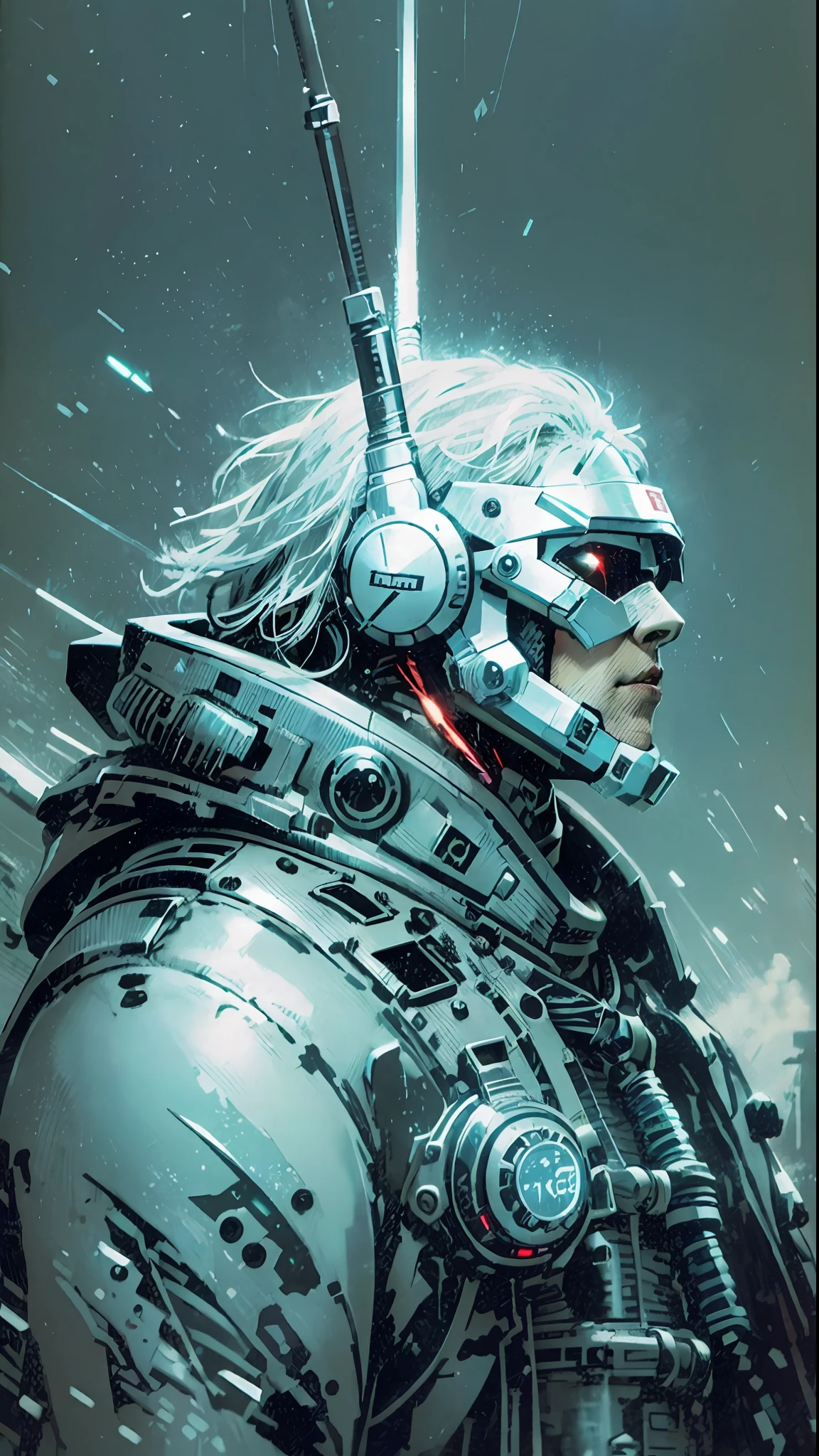 [polar bear] equipped with cyberpunk cell and armor, flashlights and lights to guide in the dark, profile, winter