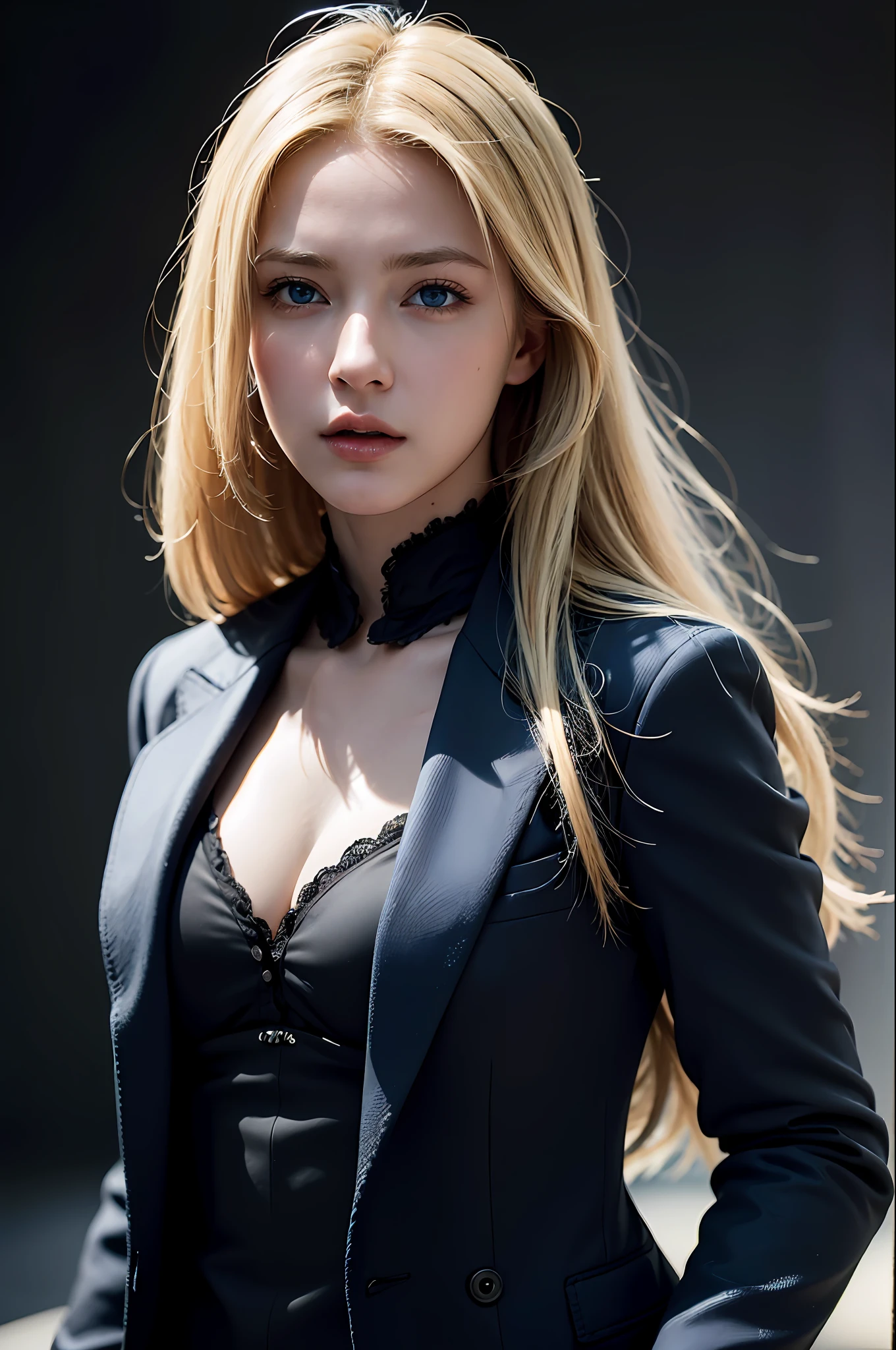 Best quality, masterpiece, ultra high res, (photorealistic:1.4), raw photo, 1girl, blonde hair, blue eyes,  detailed eyes and face, black suit, dynamic lighting, in the dark, deep shadow, low key, cowboy shot full-lenght body