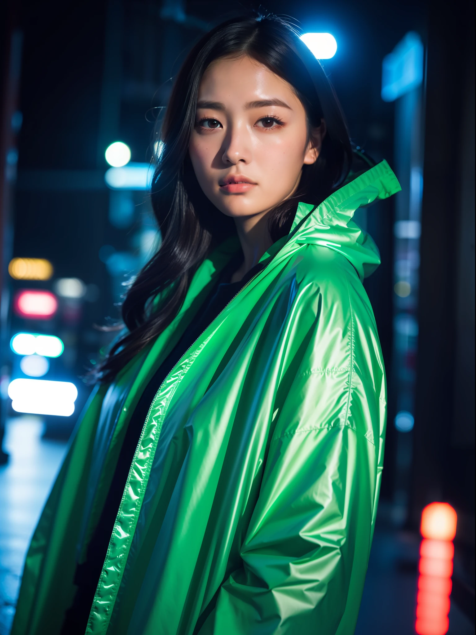 Best quality, masterpiece, ultra high res, (photorealistic:1.4), raw photo, 1girl, in the dark, deep shadow, low key, cold light, closeup, on the streets of Japan, night time , Japan streets , neon lighting background, wearing an aqua coloured raincoat