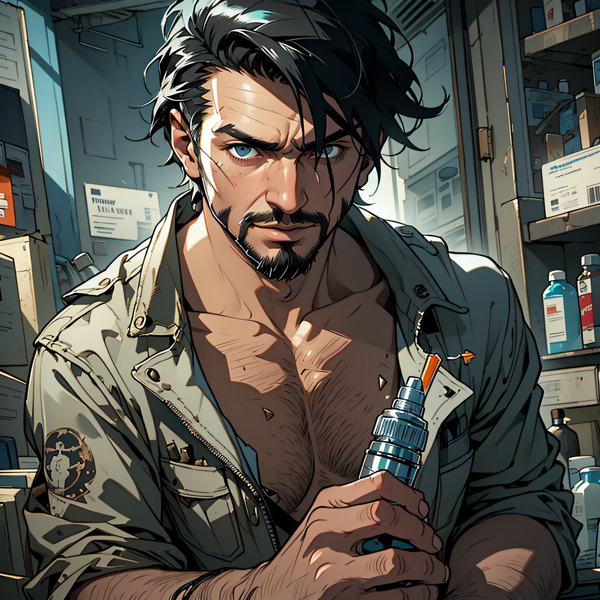 Best Quality, Masterpiece, Ultra High Resolution, Pharmacy Background, 1 Person, Solo, Man in Dilapidated Pharmacy, Injection, Man with Needle in Hold, Short Black Hair, Facial Hair, Doomsday, Solo, Lighting, Light, Dynamic Angle, Depth of Field, Wasteland Punk, Ruins, Doomsday, Biochemical Infection, Dirty and Messy, Shabby