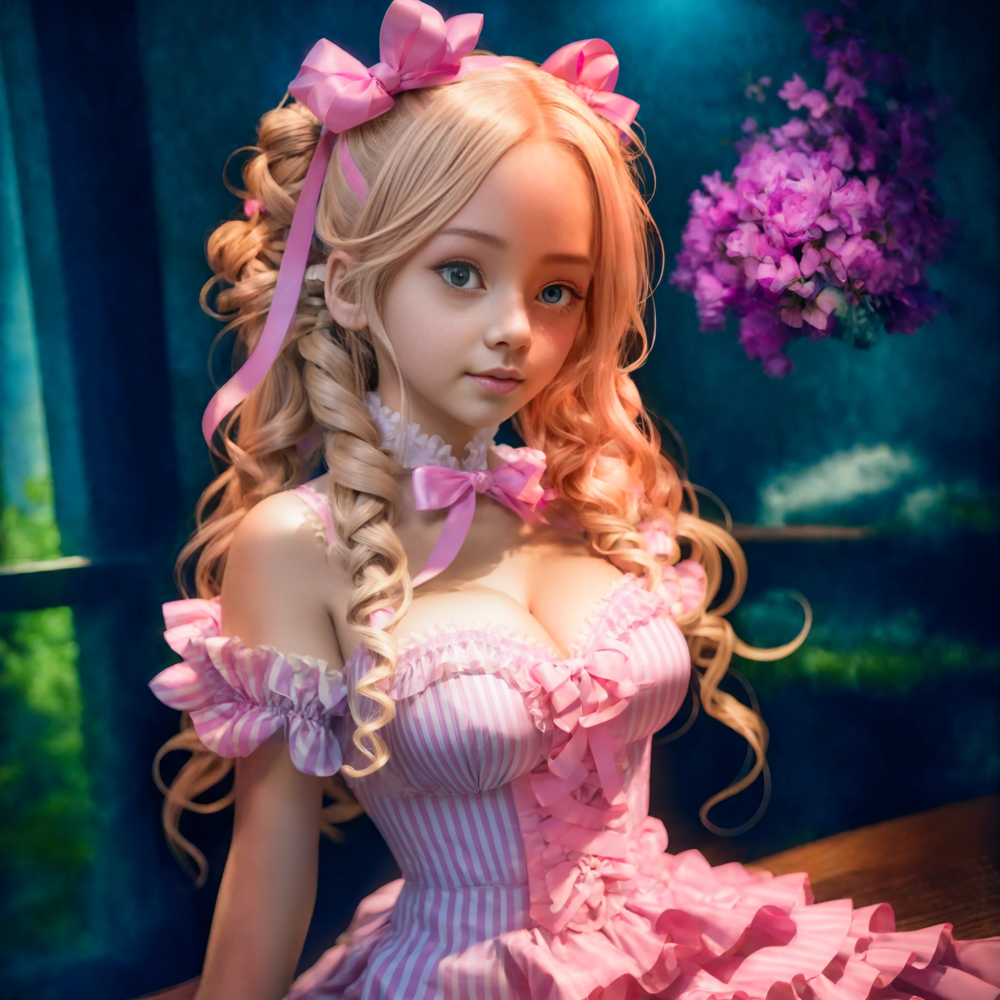 A masterpiece, Very Cute, Beatrice from Re:Zero kara Hajimeru Isekai Seikatsu, Perfect Hyperrealistic Face, Perfect Pink frilly Dress, ((Perfect light blond curly Twintailed Hair with pink 2 ribbons)), Perfect body, Striped Stockings, Perfect Blue Eyes, Detailed and Intrincicated, HD, Photoshoot