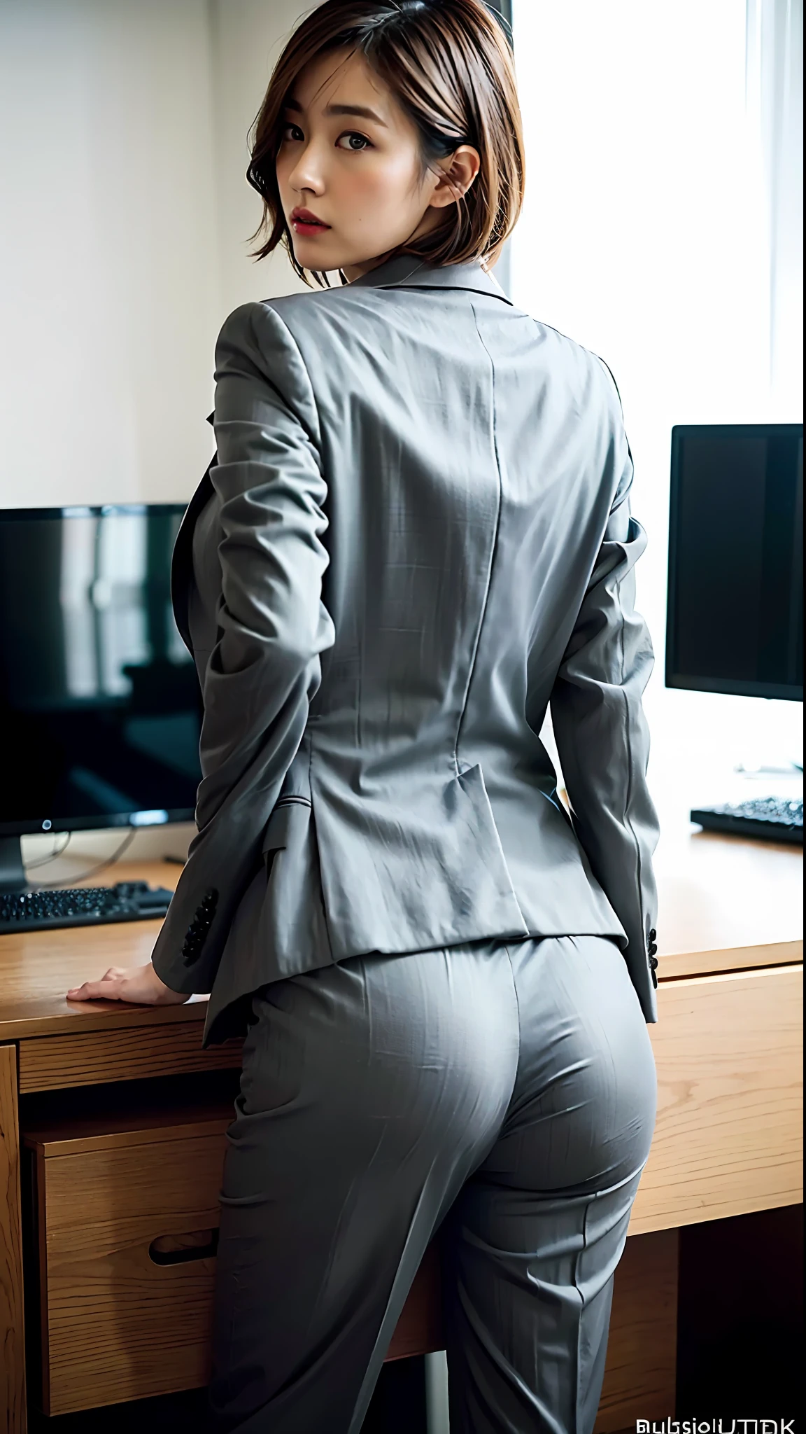 (Best quality, 8k, 32k, Masterpiece, UHD:1.2), 1girl, beautiy Japanese woman, narrow waist, grey suit, open jacket, office lady, suit, pants, from behind, office room, desk, (stick out one's buttocks:1.2), detailed face, short hair,