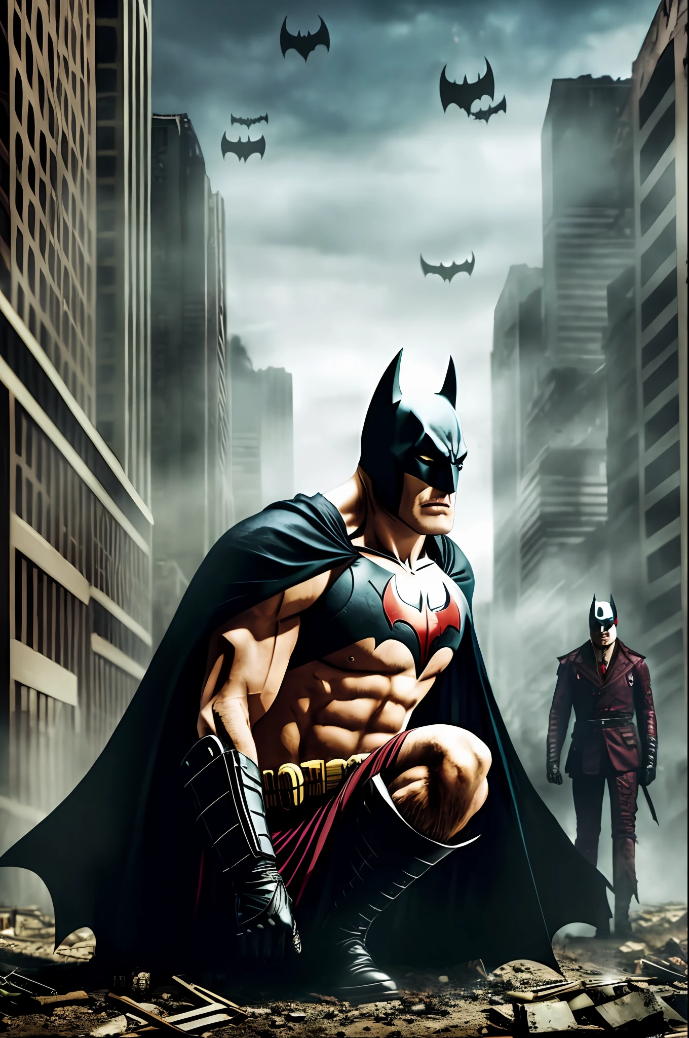 Masterpiece, realistic, highly detailed, modelshoot style ((post-apocalypse)), Batman by Dan More, faces the terrible Dracula who is sucking the citizens of Gotham to form new vampires against humans.