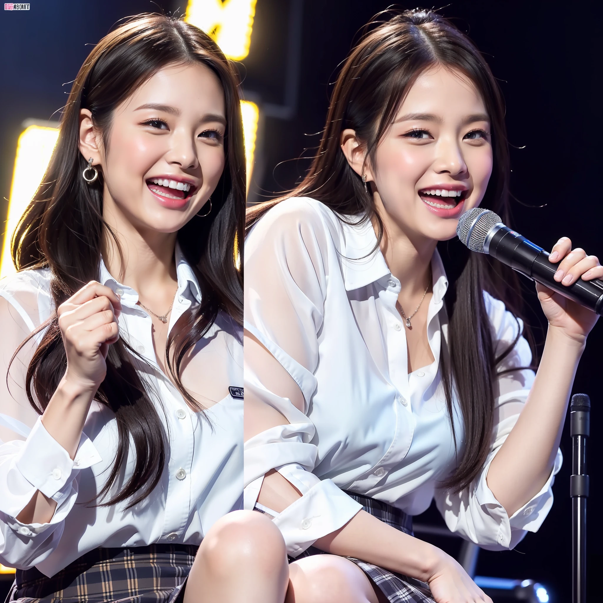 ((top quality, 8k, masterpiece: 1.3)), RAW photos, realistic skin texture, professional lighting, 1girl, super cute Japan schoolgirl, slender perfect figure, (random hairstyle, big: 1.2), karaoke box, (sit on chair: 1.2), see-through button-up white shirt, pleated mini cart, thighs, bare feet, super detailed face, super detailed eyes, super detailed lips, Holding the microphone and singing happily, laughing out loud