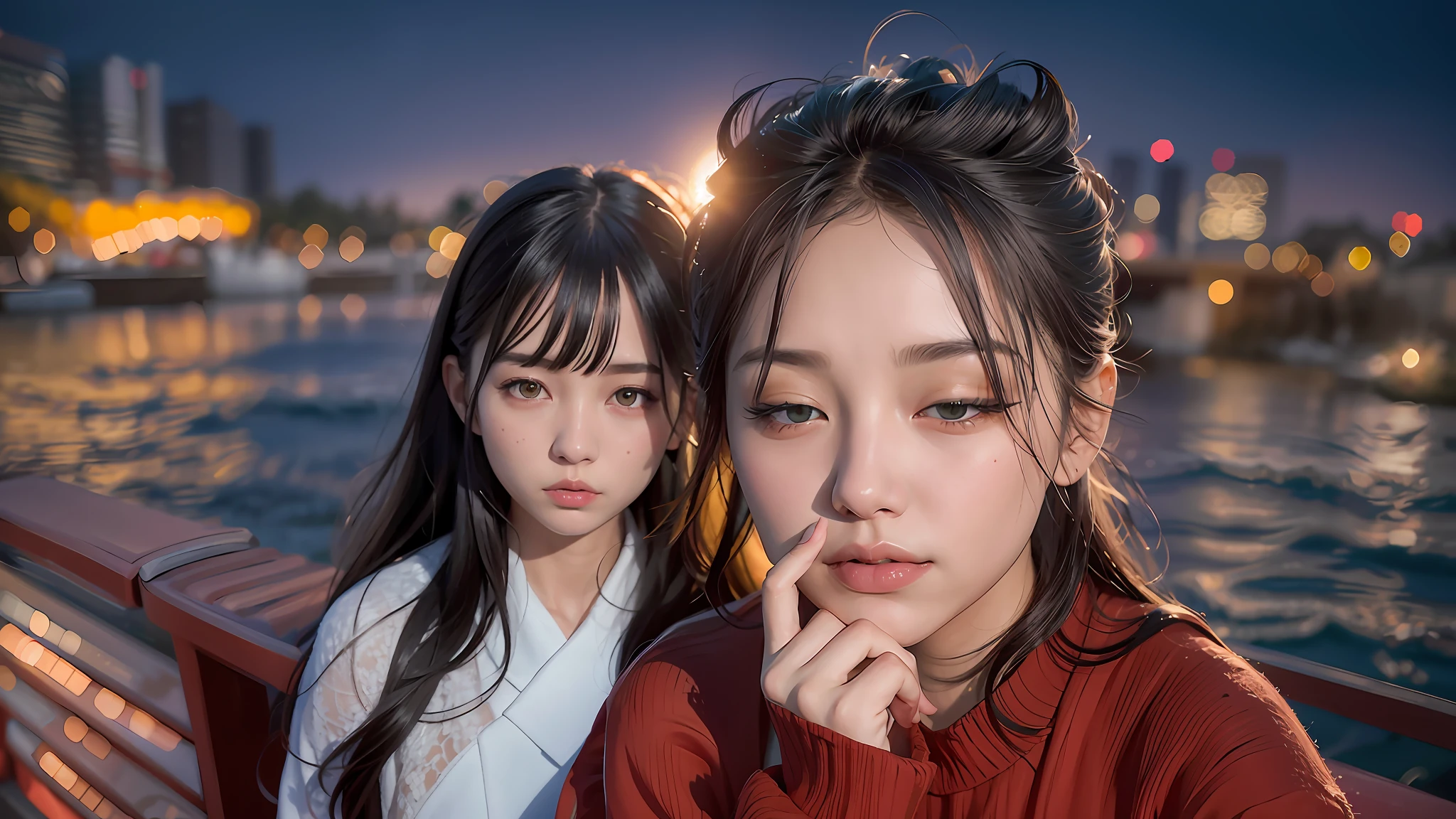 Standing side by side on the bridge, Guvez style artwork, inspired by Yanjun Cheng, Loish and Ross Tran, high-quality portraits, realistic portrait photos, photographs taken by Yanjun Cheng, photorealistic!!!!!!! Art style, Loish and WLOP, popular in CGSTATION, Yanjun Cheng, WLOP and Sakimichan temperament girl, delicate facial features, bangs, black ponytail, messy hair, hair is very realistic, wearing white clothes, background is sky, sea view, Du Qiong, exquisite makeup, light red lips, big eyes, double eyelids, black holes, bright eyes, symmetrical face, very real face, detailed portrayal of the girl's face, blush, Super high appearance, looking at the audience, very realistic skin, skin oil reflection, artwork, clothes with real fabric texture, realistic painting, film style, photography level, ray tracing, real light and shadow effects, realism, masterpieces, like the top photographic effects, 8K