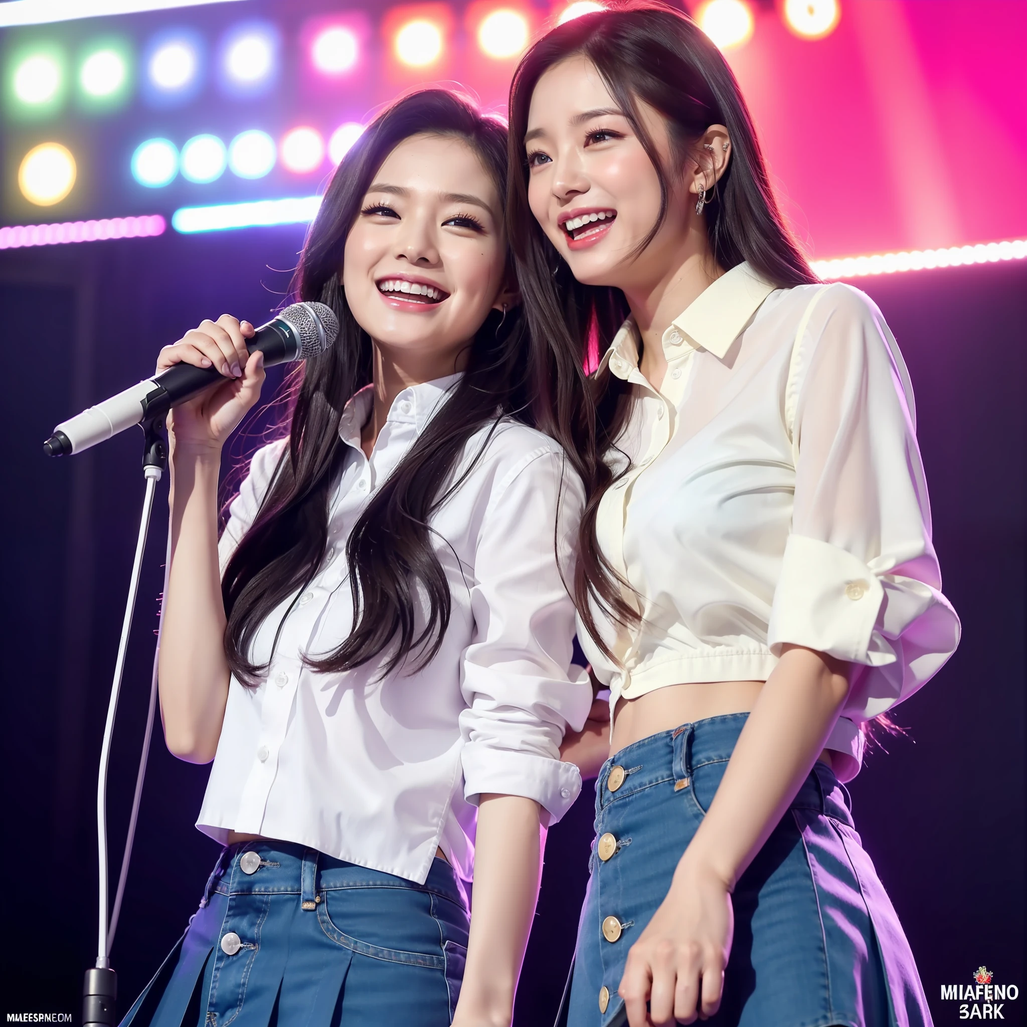 ((top quality, 8k, masterpiece: 1.3)), RAW photos, realistic skin texture, professional lighting, 1girl, super cute Japan schoolgirl, slender perfect figure, (random hairstyle, big: 1.2), karaoke box, (sit on chair: 1.2), see-through button-up white shirt, pleated mini cart, thighs, bare feet, super detailed face, super detailed eyes, super detailed lips, Holding the microphone and singing happily, laughing out loud