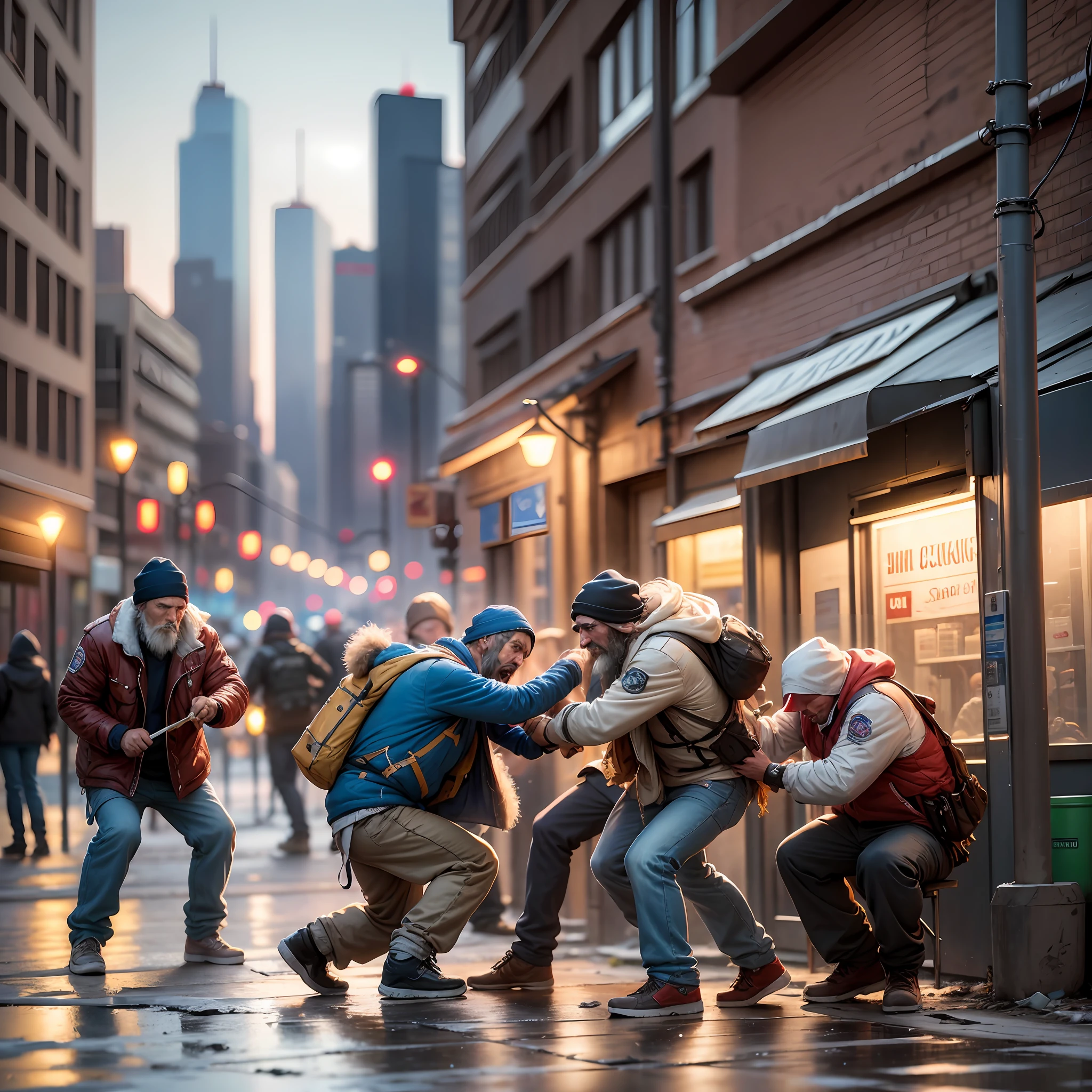 Drunk homeless people fighting over a cheburek near the subway, photorealism, beautiful lighting, backlighting, 8k, fight scene, super detail --auto --s2