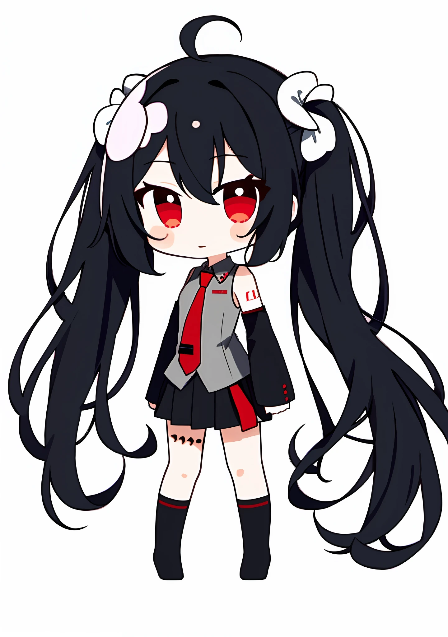 1girl, solo, zatsune miku, black hair, red eyes, twintails, very long hair, blood, detached sleeves, long sleeves, black sleeves, collared shirt, frills, frilled shirt, black skirt, pleated skirt, red and black, ((grey shirt)), cute, red necktie, wing collar, number tattoo, tattoo, black legwear, mismatched legwear, (chibi:1.2), shiny, single hair ring,, 1girl, solo, zatsune miku, black hair, red eyes, twintails, very long hair, blood, detached sleeves, long sleeves, black sleeves, collared shirt, frills, frilled shirt, black skirt, pleated skirt, red and black, ((grey shirt)), cute, red necktie, wing collar, number tattoo, tattoo, black legwear, mismatched legwear, (chibi:1.2),