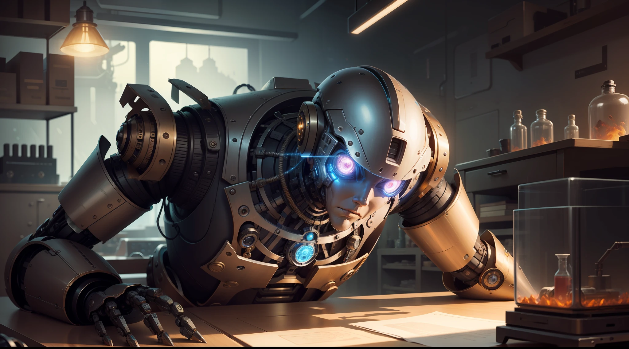 A robot lying on a lab table, awakening, eyes glowing up, steampunk lab, robot, awakening, self-awareness, illustrations
