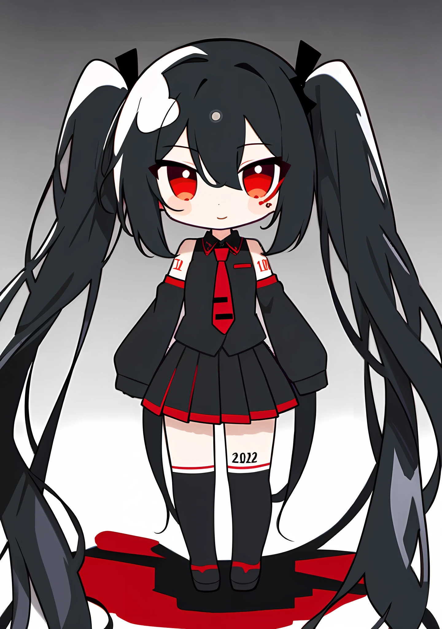 1girl, solo, zatsune miku, black hair, red eyes, twintails, very long hair, blood, detached sleeves, long sleeves, black sleeves, collared shirt, frills, frilled shirt, black skirt, pleated skirt, red and black, ((grey shirt)), cute, red necktie, wing collar, number tattoo, tattoo, black legwear, mismatched legwear, (chibi:1.2), shiny, single hair ring,, 1girl, solo, zatsune miku, black hair, red eyes, twintails, very long hair, blood, detached sleeves, long sleeves, black sleeves, collared shirt, frills, frilled shirt, black skirt, pleated skirt, red and black, ((grey shirt)), cute, red necktie, wing collar, number tattoo, tattoo, black legwear, mismatched legwear, (chibi:1.2),