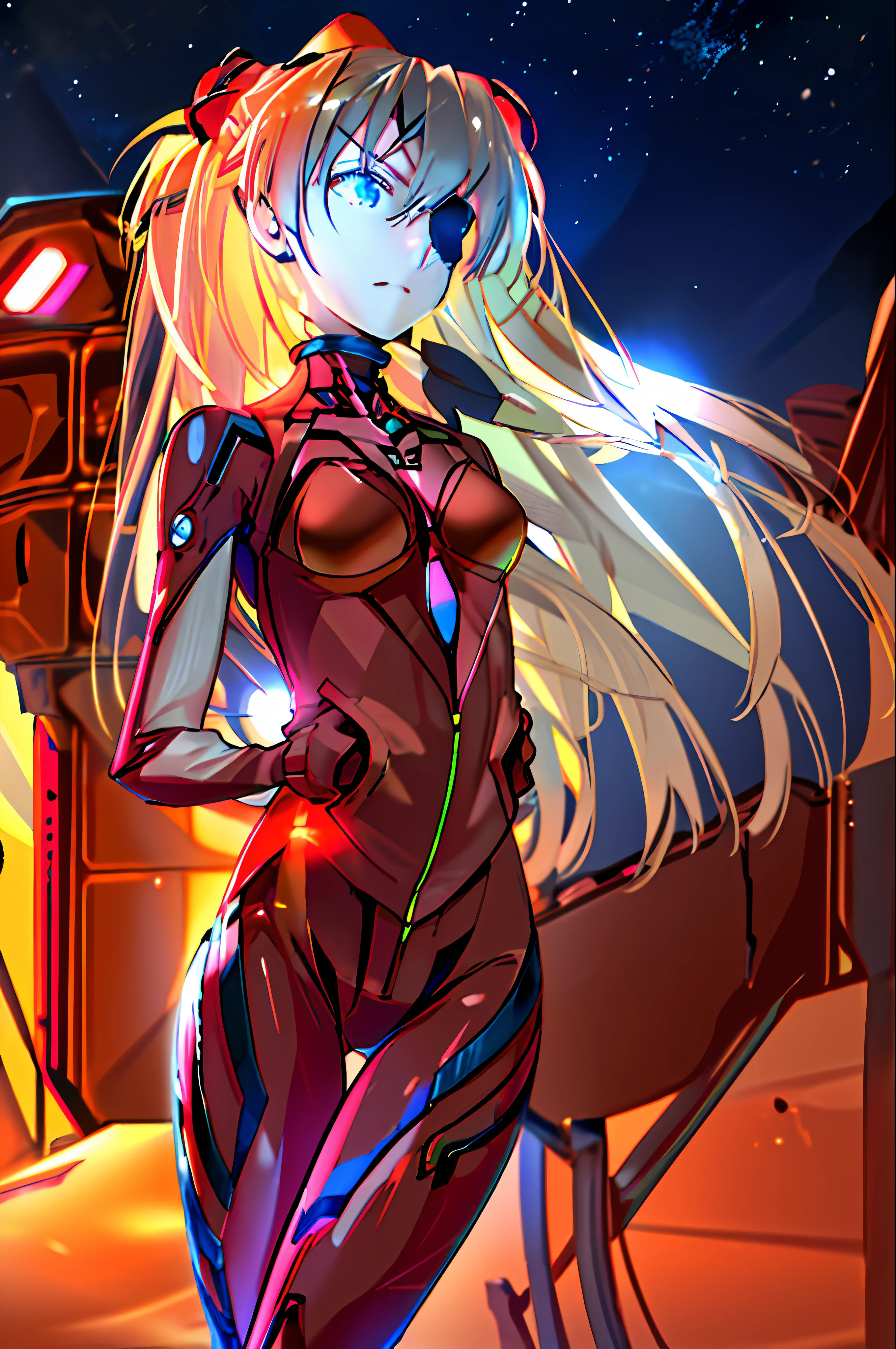 ((masterpiece,best quality, detailed,a biomechanical girl with cybernetic face and body)), 1girl, solo, cowboy shot, in space, in front of planet,standing on killdozer, depth of field,(glowing eyes:1.2),neon details,glowing body, outdoors, night, cityscape, starry sky, souryuu asuka langley, red jacket, bodysuit under clothes, cat hat, red bodysuit, eyepatch, hands in pockets