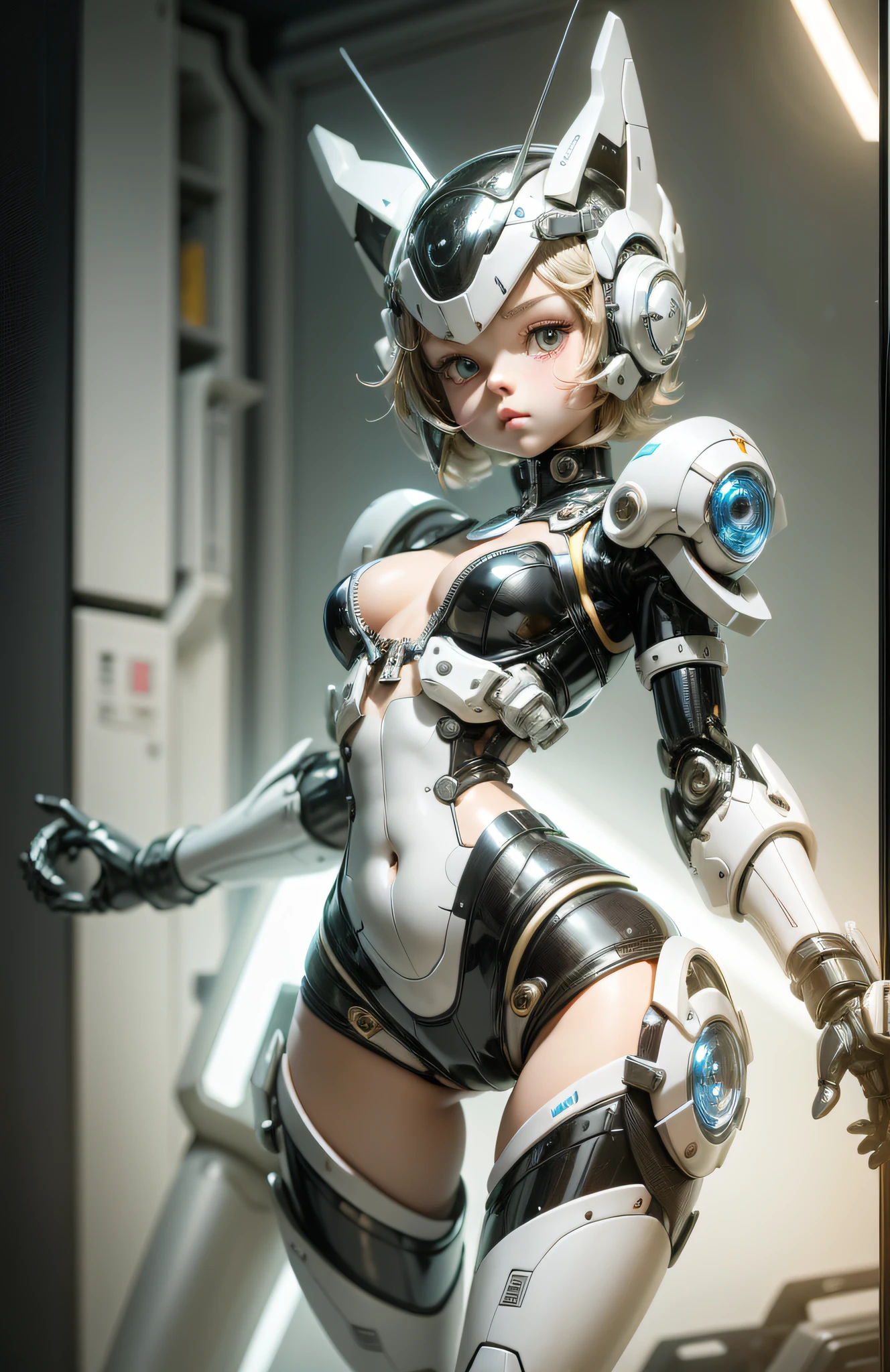 Very cute human 8 year old girl face, doll-like body with robot arms, robot waist and legs, very cute and feminine, short, petite, small, full hip, small bust, tight-fitting white armor, cleavage, flat belly visible, helmet with antenna, robot joint, very stylish, Black rubber bodysuit with zipper