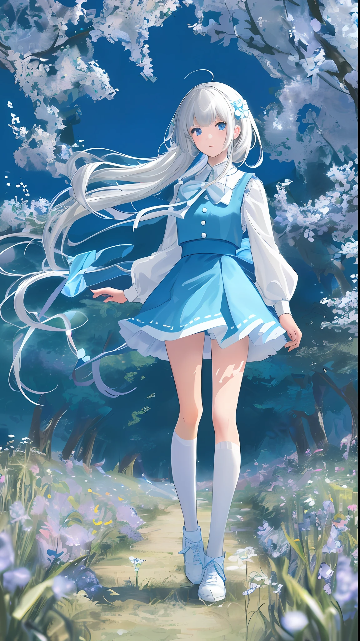 High detail, super detail, super resolution (full body standing), (hands at your sides) A cute and innocent girl in a white and blue short skirt enjoying her time in an open field, surrounded by the beauty of nature.