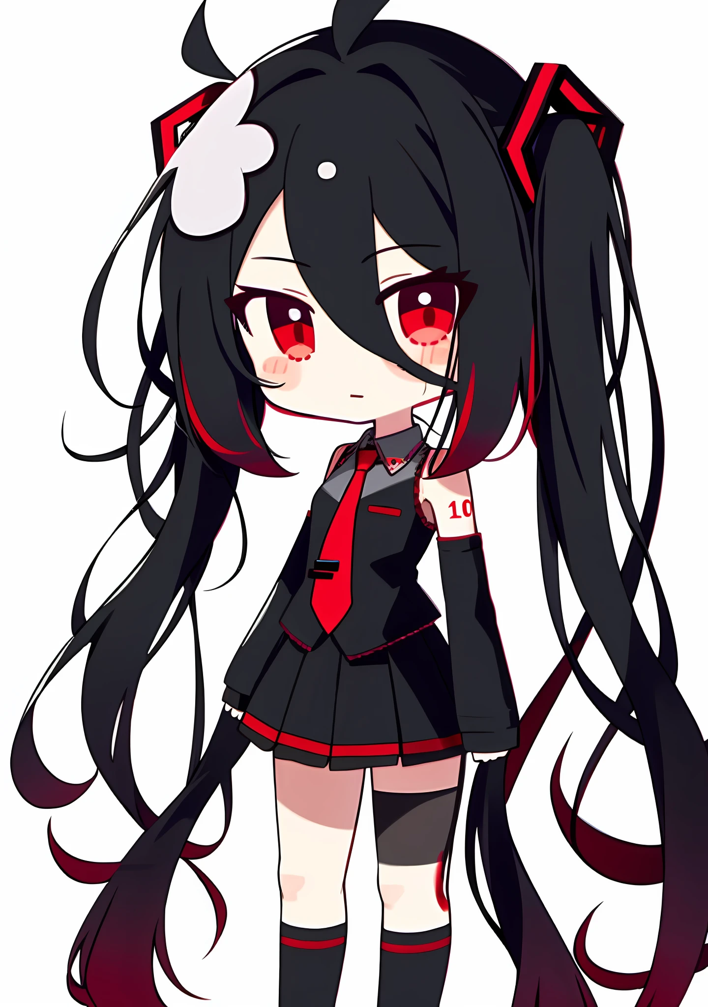 1girl, solo, zatsune miku, black hair, red eyes, twintails, very long hair, blood, detached sleeves, long sleeves, black sleeves, collared shirt, frills, frilled shirt, black skirt, pleated skirt, red and black, ((grey shirt)), cute, red necktie, wing collar, number tattoo, tattoo, black legwear, mismatched legwear, (chibi:1.2), shiny, single hair ring,, 1girl, solo, zatsune miku, black hair, red eyes, twintails, very long hair, blood, detached sleeves, long sleeves, black sleeves, collared shirt, frills, frilled shirt, black skirt, pleated skirt, red and black, ((grey shirt)), cute, red necktie, wing collar, number tattoo, tattoo, black legwear, mismatched legwear, (chibi:1.2),